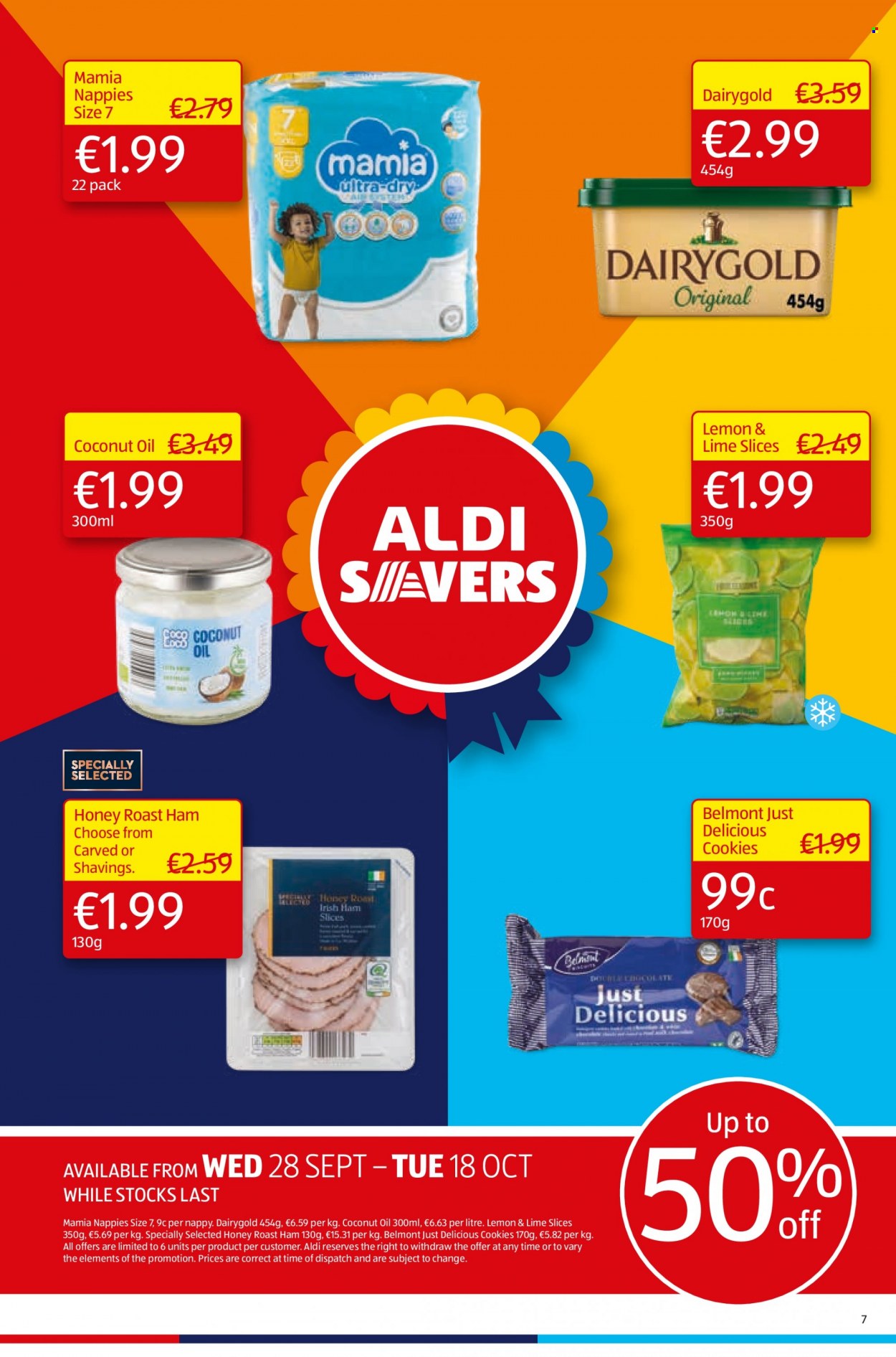 thumbnail - Aldi offer  - 29.09.2022 - 05.10.2022 - Sales products - ham, cookies, coconut oil, oil, honey, nappies. Page 7.
