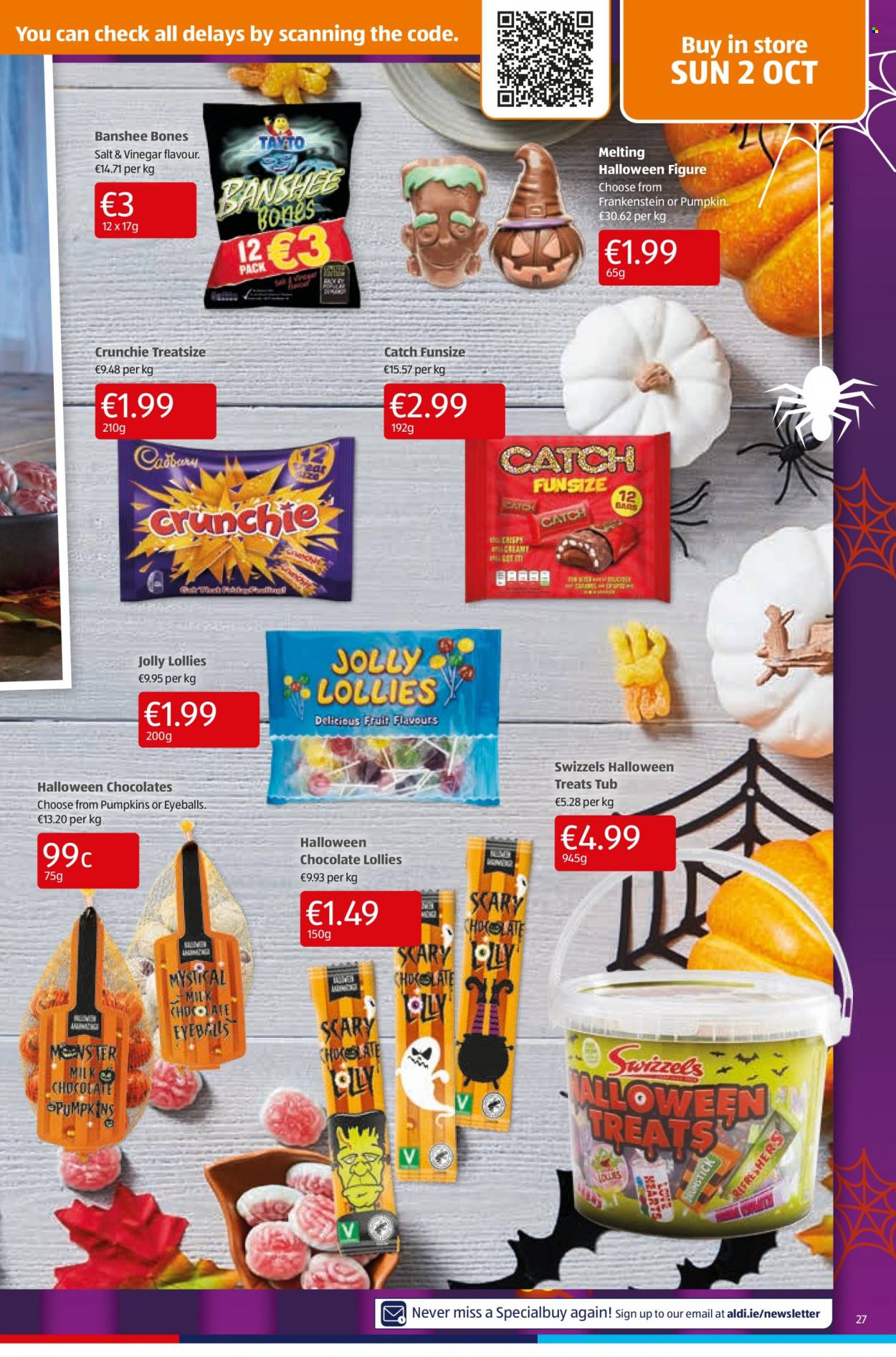 thumbnail - Aldi offer  - 29.09.2022 - 05.10.2022 - Sales products - pumpkin, milk chocolate, chocolate, Cadbury, Swizzels, Tayto, vinegar, Monster, Halloween. Page 27.