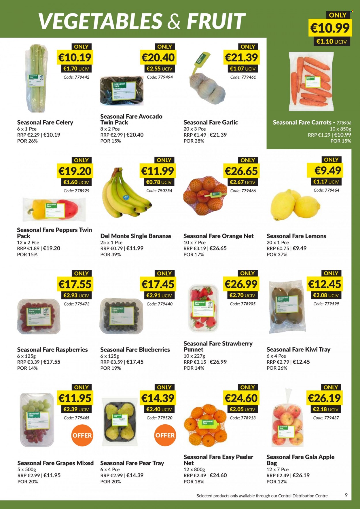 thumbnail - MUSGRAVE Market Place offer  - 25.09.2022 - 22.10.2022 - Sales products - carrots, celery, garlic, peppers, avocado, bananas, blueberries, Gala, grapes, kiwi, pears, oranges, lemons, Del Monte, tray, peeler. Page 9.