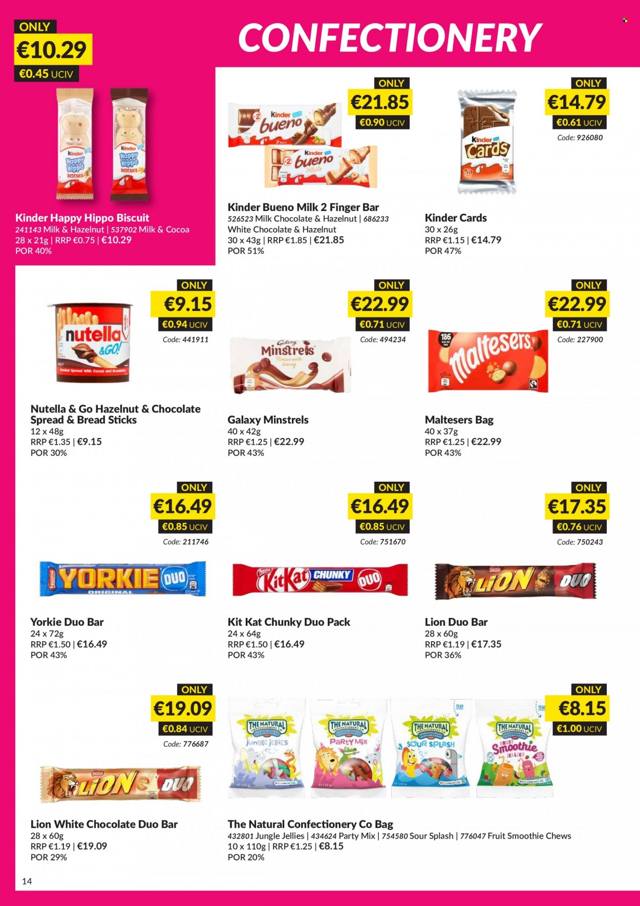 thumbnail - MUSGRAVE Market Place offer  - 25.09.2022 - 22.10.2022 - Sales products - milk chocolate, white chocolate, Nutella, KitKat, chewing gum, Kinder Bueno, biscuit, Maltesers, bread sticks, cocoa, smoothie, bag. Page 14.