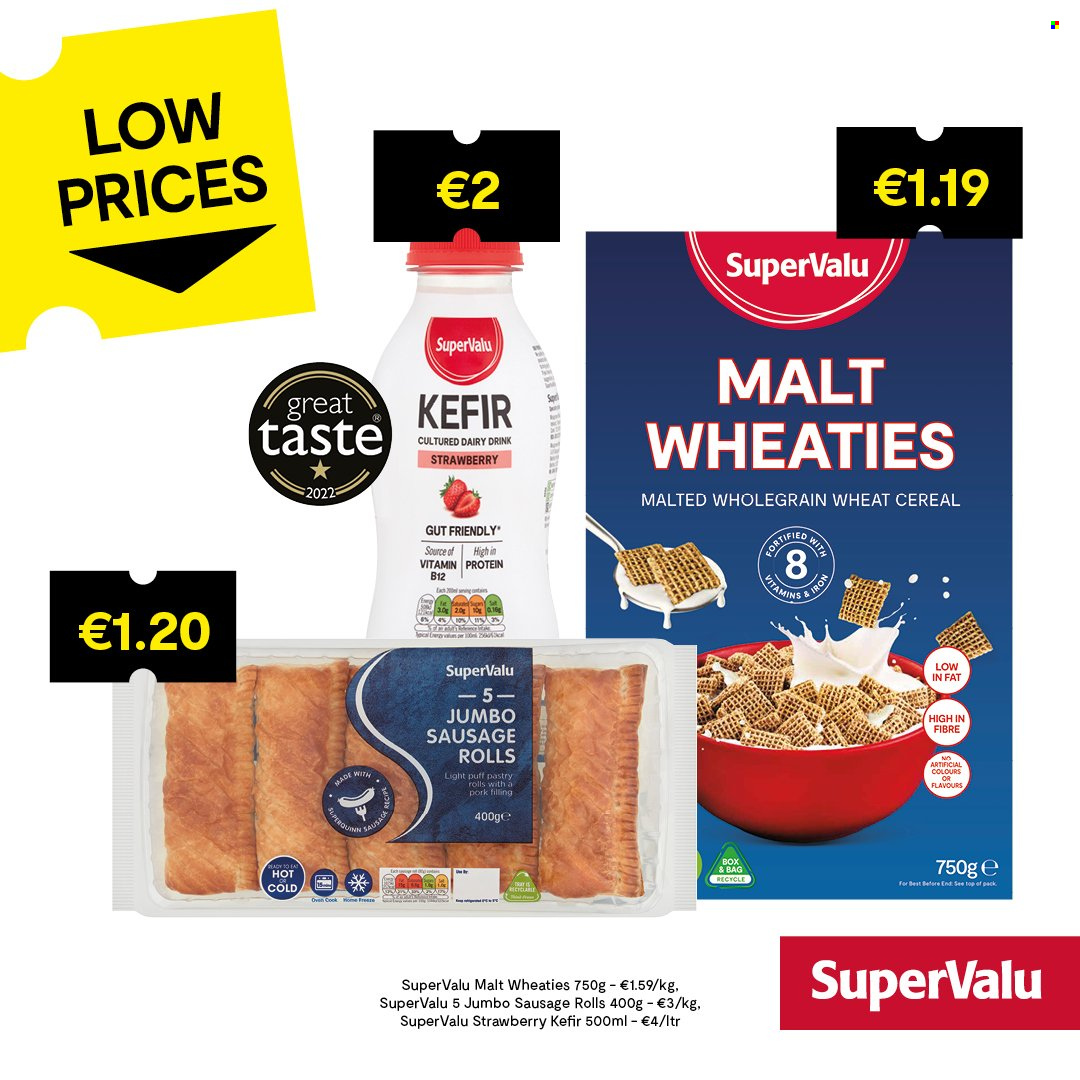 thumbnail - SuperValu offer  - Sales products - sausage rolls, sausage, kefir, puff pastry, malt, cereals, bag. Page 1.