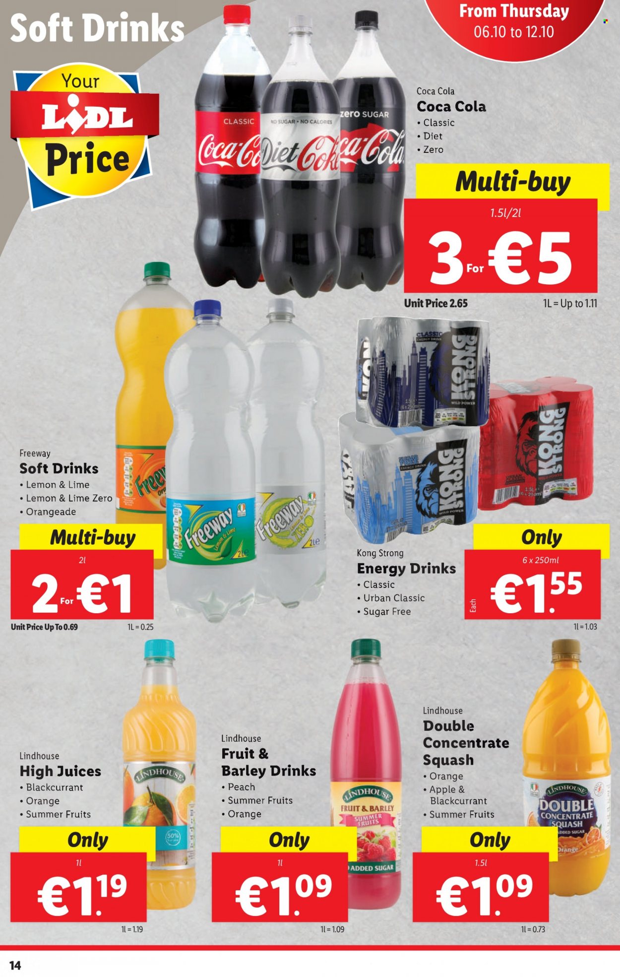 thumbnail - Lidl offer  - 06.10.2022 - 12.10.2022 - Sales products - oranges, Coca-Cola, juice, energy drink, soft drink. Page 14.