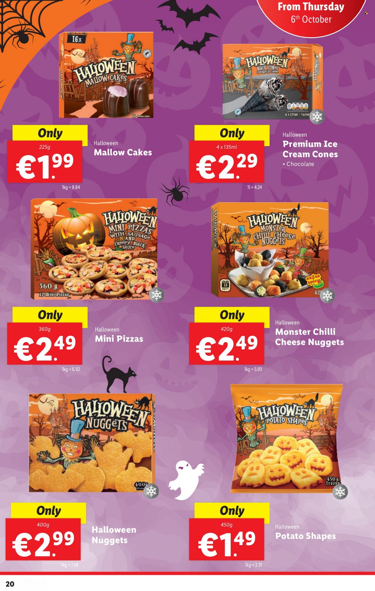 thumbnail - Lidl offer  - 06.10.2022 - 12.10.2022 - Sales products - Halloween, cake, nuggets, sauce, cheese nuggets, sausage, cheese, ice cream, Monster. Page 20.