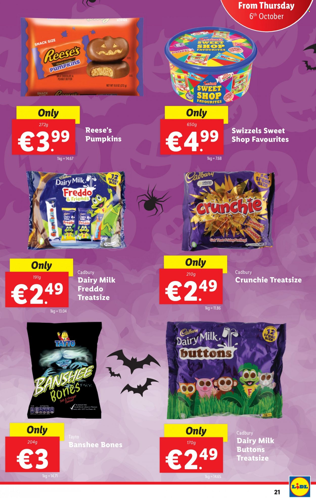 thumbnail - Lidl offer  - 06.10.2022 - 12.10.2022 - Sales products - pumpkin, Reese's, milk chocolate, chocolate, snack, Cadbury, Dairy Milk, Swizzels, Tayto, vinegar, peanut butter. Page 21.