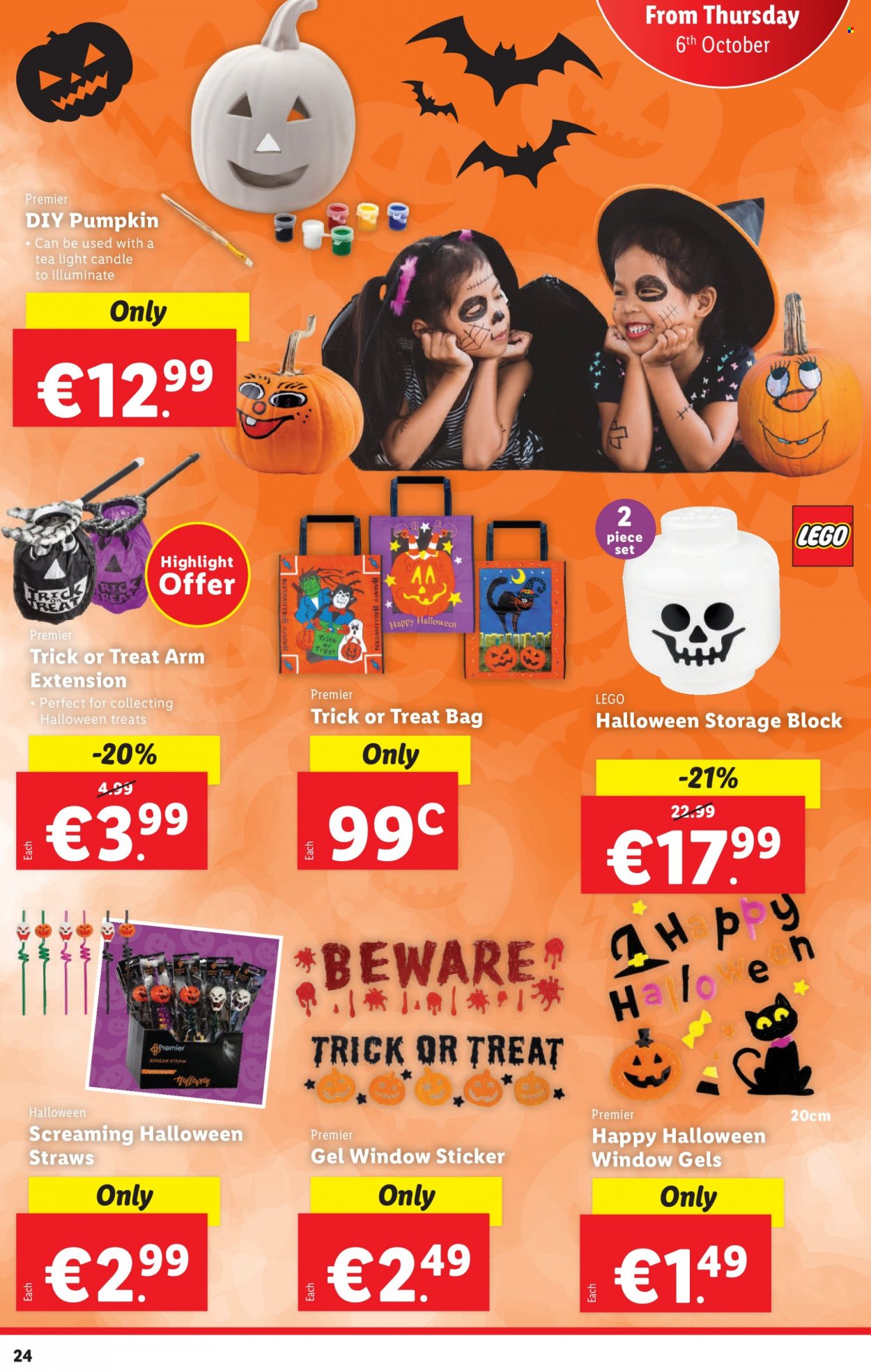 thumbnail - Lidl offer  - 06.10.2022 - 12.10.2022 - Sales products - Halloween, pumpkin, tea, bag, straw, sticker, candle, LEGO. Page 24.