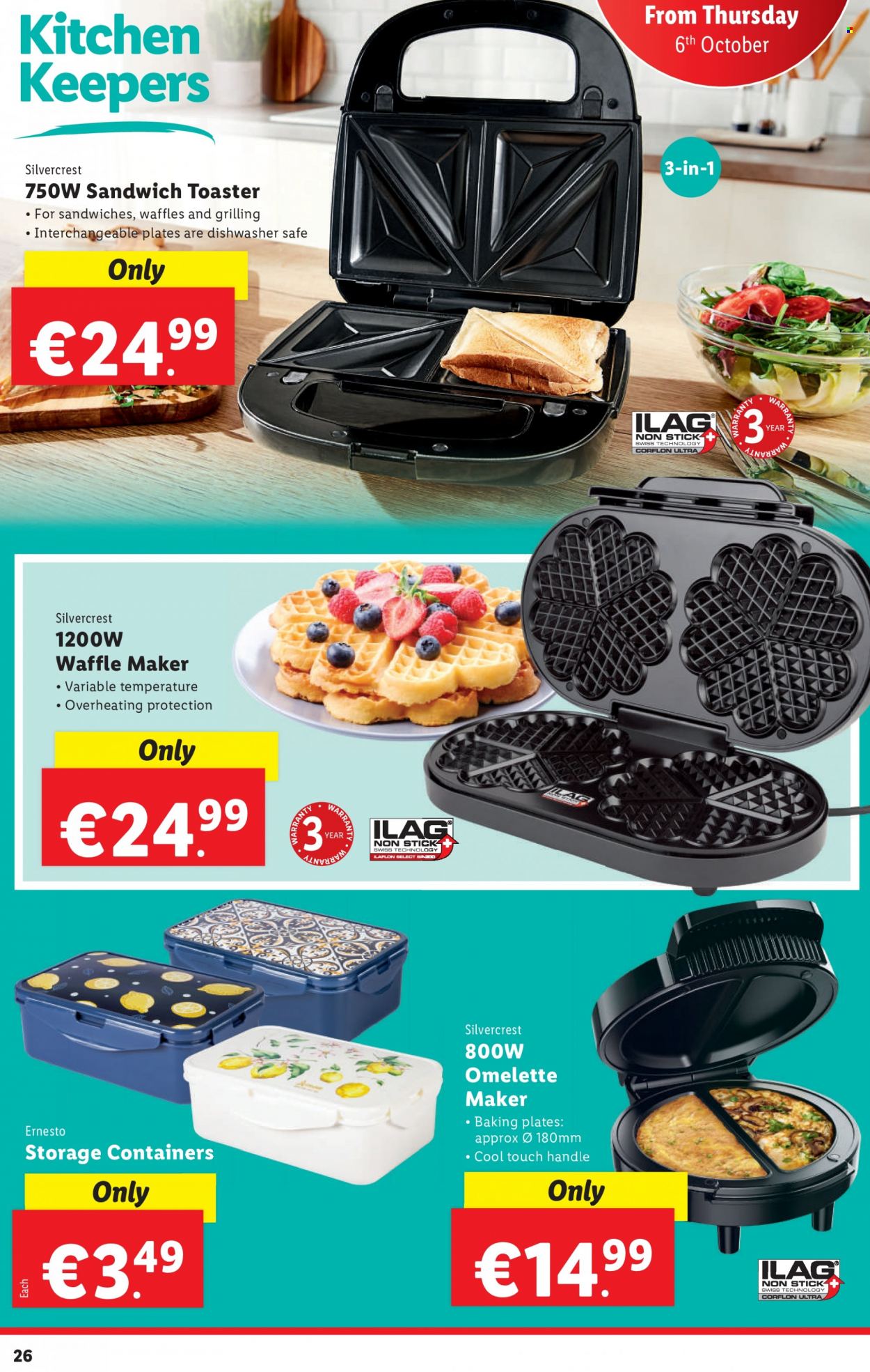 thumbnail - Lidl offer  - 06.10.2022 - 12.10.2022 - Sales products - storage box, SilverCrest, sandwich, Ernesto, plate, toaster, waffle maker. Page 26.