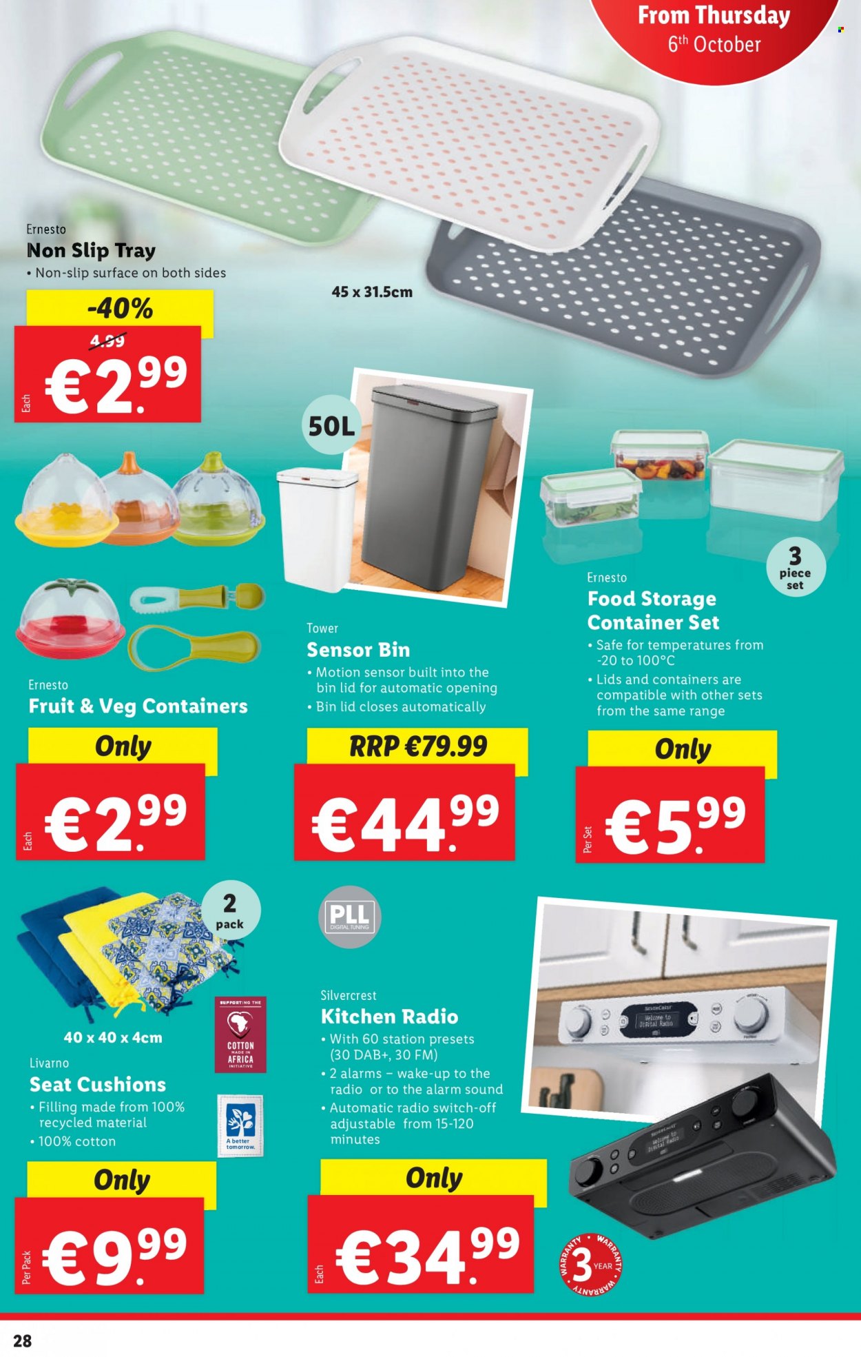 thumbnail - Lidl offer  - 06.10.2022 - 12.10.2022 - Sales products - storage box, container, cushion, SilverCrest, switch, Ernesto, lid, tray, storage container set, alarm, motion sensor, radio. Page 28.