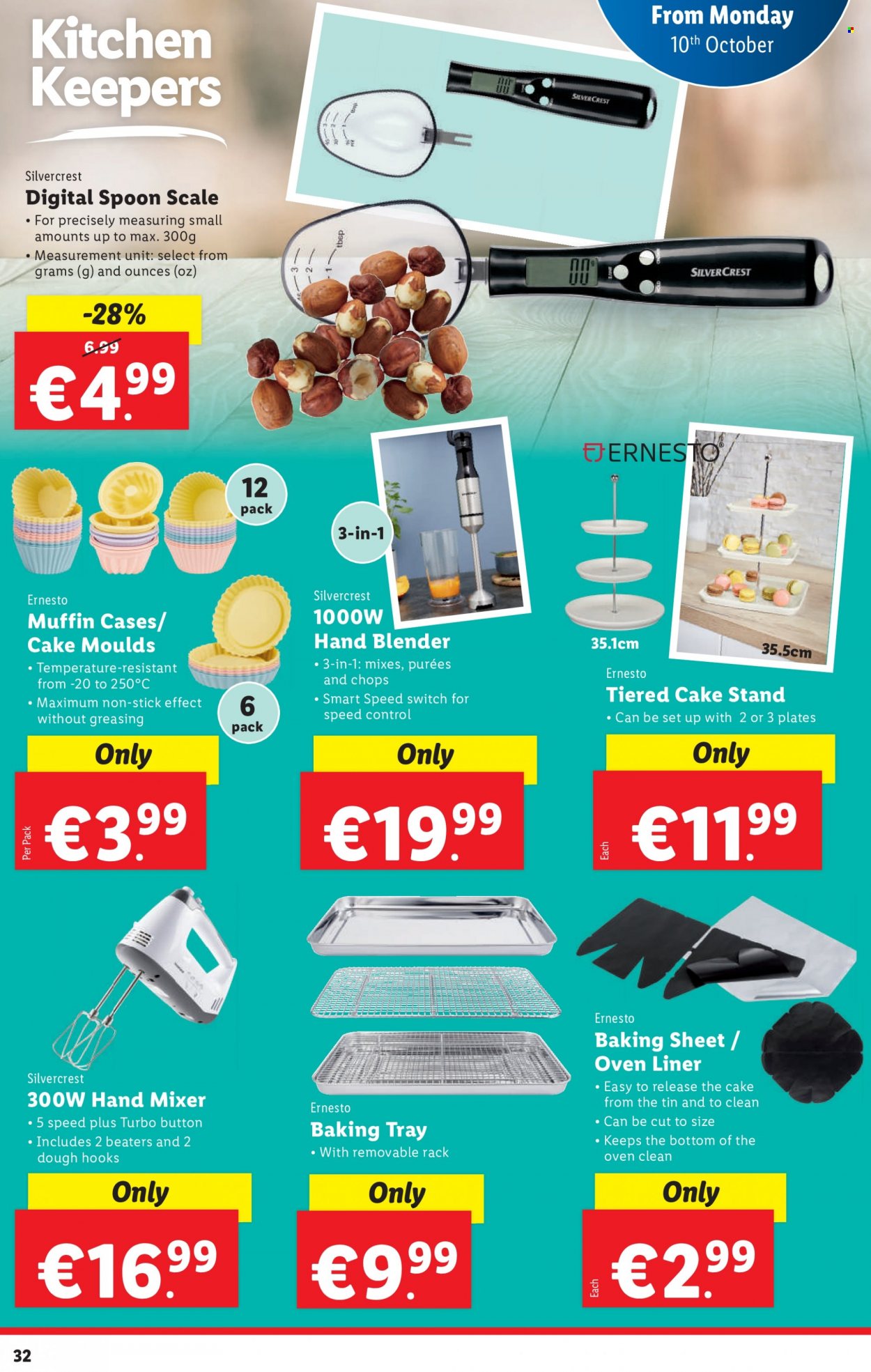 thumbnail - Lidl offer  - 06.10.2022 - 12.10.2022 - Sales products - scale, SilverCrest, muffin, switch, Ernesto, cake stand, spoon, plate, baking tray, mixer, hand mixer, hand blender. Page 32.