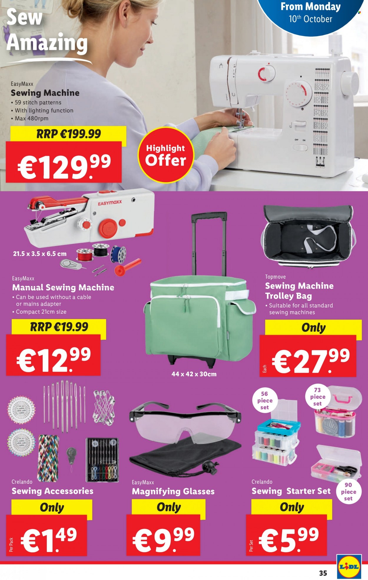 thumbnail - Lidl offer  - 06.10.2022 - 12.10.2022 - Sales products - bag, sewing accessories, adapter, sewing machine, trolley bag, lighting, starter. Page 35.
