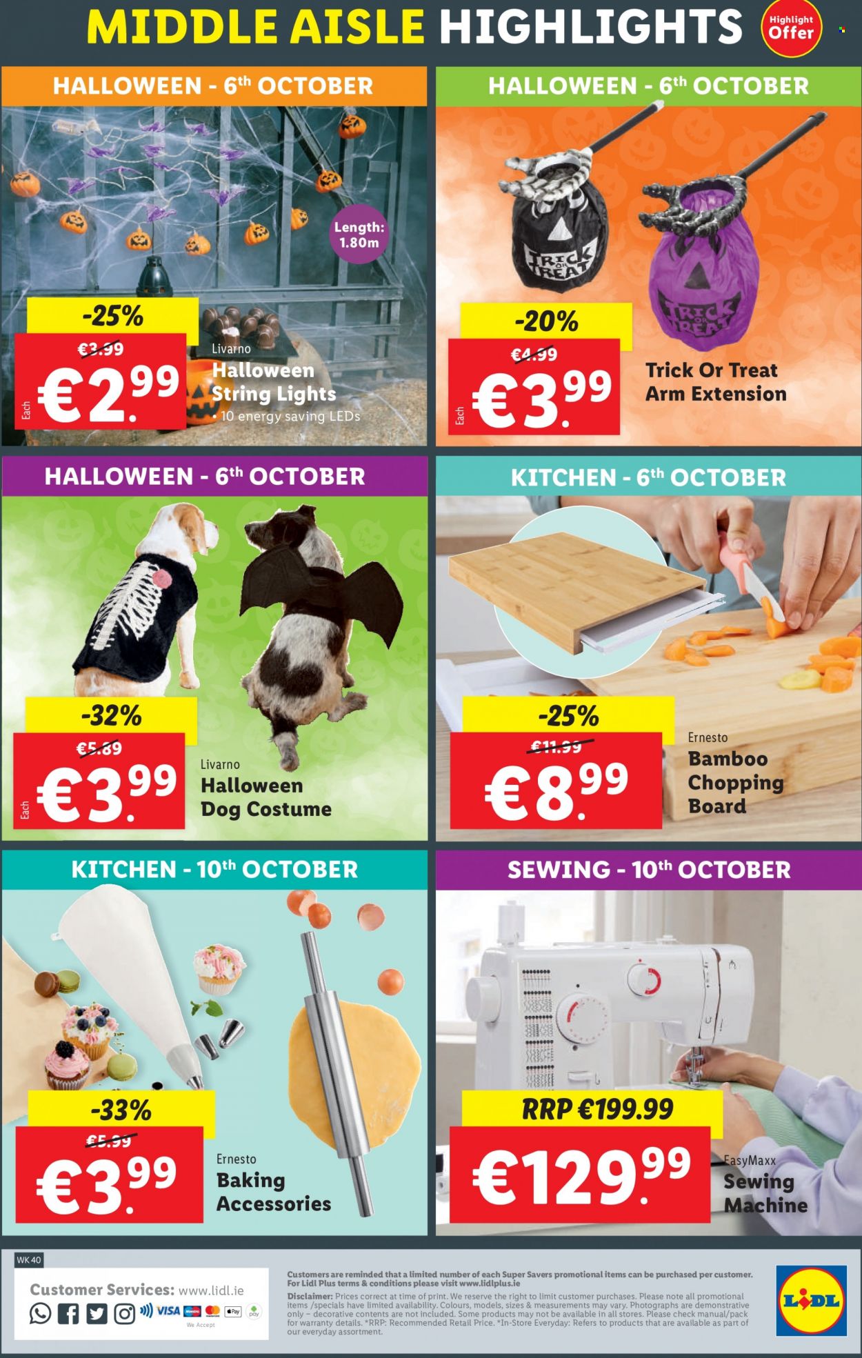 thumbnail - Lidl offer  - 06.10.2022 - 12.10.2022 - Sales products - Halloween, Ernesto, chopping board, baking accessories, sewing machine, costume, string lights. Page 36.