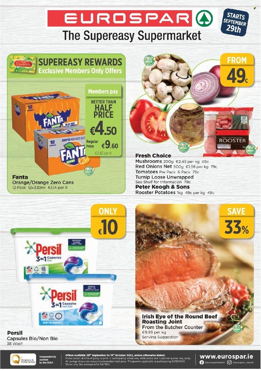 thumbnail - EUROSPAR offer  - 29.09.2022 - 19.10.2022 - Sales products - mushrooms, red onions, tomatoes, potatoes, onion, oranges, Fanta, Persil. Page 1.
