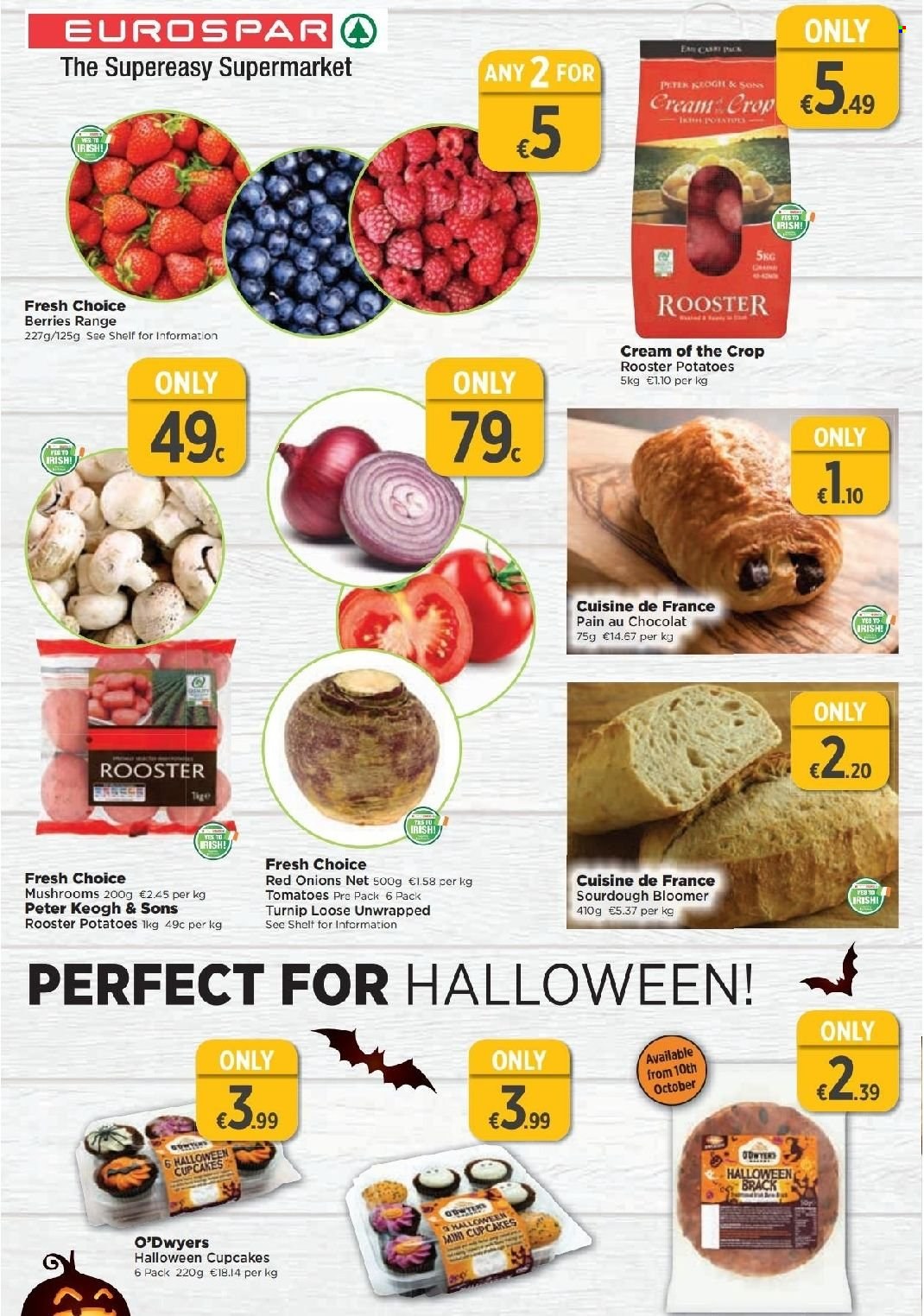 thumbnail - EUROSPAR offer  - 29.09.2022 - 19.10.2022 - Sales products - mushrooms, sourdough bread, cupcake, O'Dwyers, red onions, tomatoes, potatoes, onion. Page 4.