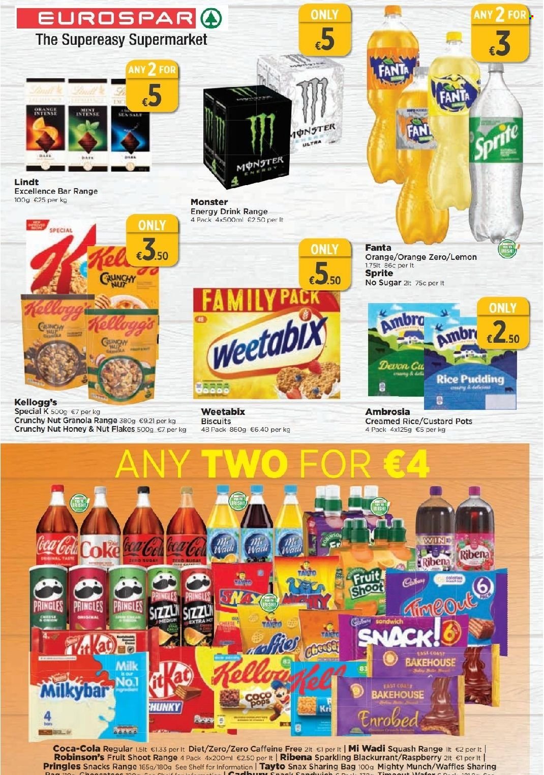 thumbnail - EUROSPAR offer  - 29.09.2022 - 19.10.2022 - Sales products - waffles, oranges, sandwich, custard, rice pudding, milk, snack, Lindt, Kellogg's, biscuit, Cadbury, Milkybar, Pringles, Tayto, granola, Weetabix, honey, Coca-Cola, Sprite, Fanta, energy drink, Monster, Monster Energy, pot. Page 8.