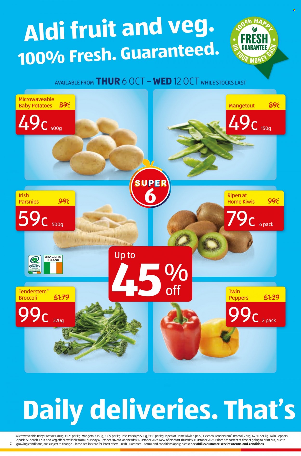 thumbnail - Aldi offer  - 06.10.2022 - 12.10.2022 - Sales products - broccoli, potatoes, parsnips, peppers, kiwi. Page 2.