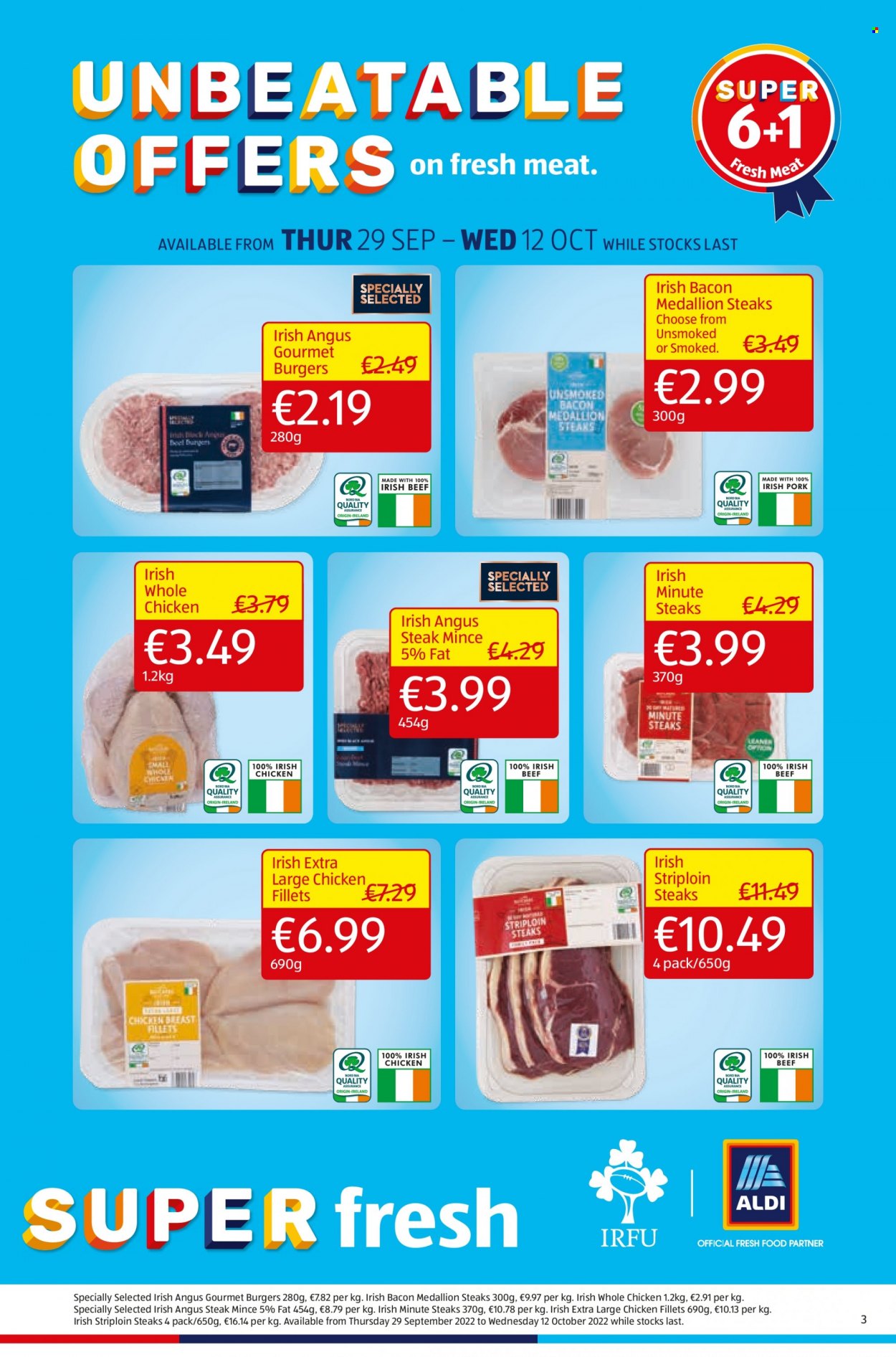 thumbnail - Aldi offer  - 06.10.2022 - 12.10.2022 - Sales products - hamburger, bacon, whole chicken, beef meat, steak, striploin steak. Page 3.