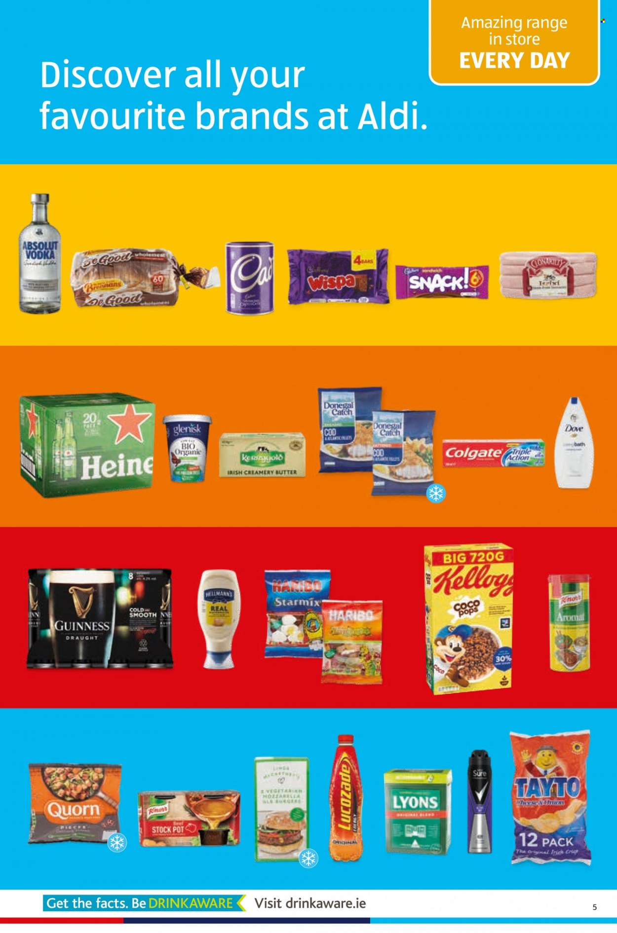 thumbnail - Aldi offer  - 06.10.2022 - 12.10.2022 - Sales products - cod, butter, Hellmann’s, Donegal Catch, Dove, snack, Haribo, Tayto, coco pops, stockpot, Lyons, vodka, Absolut, Guinness, Colgate, pot. Page 5.