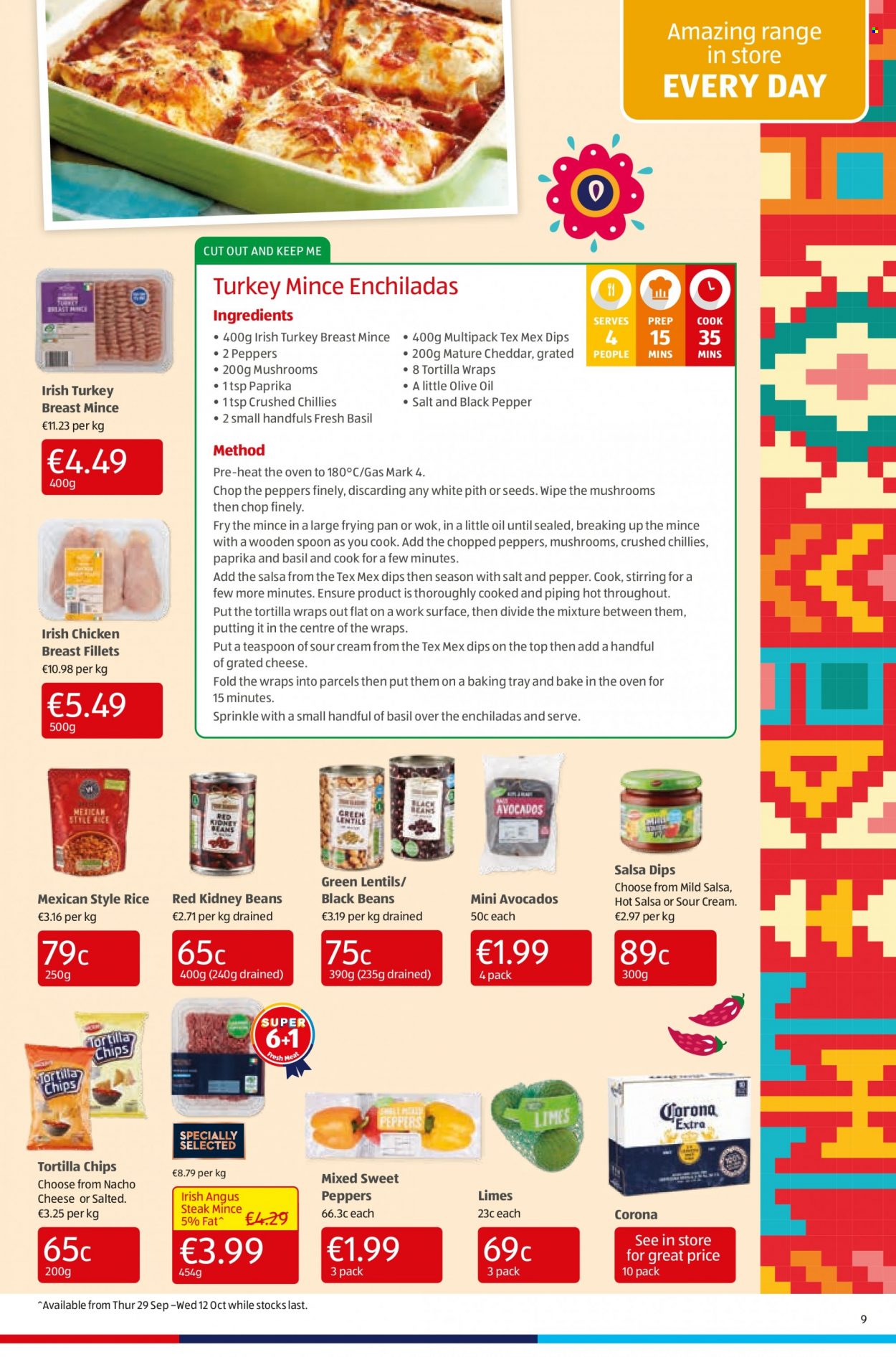 thumbnail - Aldi offer  - 06.10.2022 - 12.10.2022 - Sales products - wraps, sweet peppers, avocado, limes, enchiladas, grated cheese, sour cream, tortilla chips, chips, black beans, lentils, kidney beans, rice, black pepper, salsa, olive oil, oil, beer, Corona Extra, ground turkey, turkey breast, chicken breasts, steak, spoon, pan, wok, baking tray, teaspoon. Page 9.