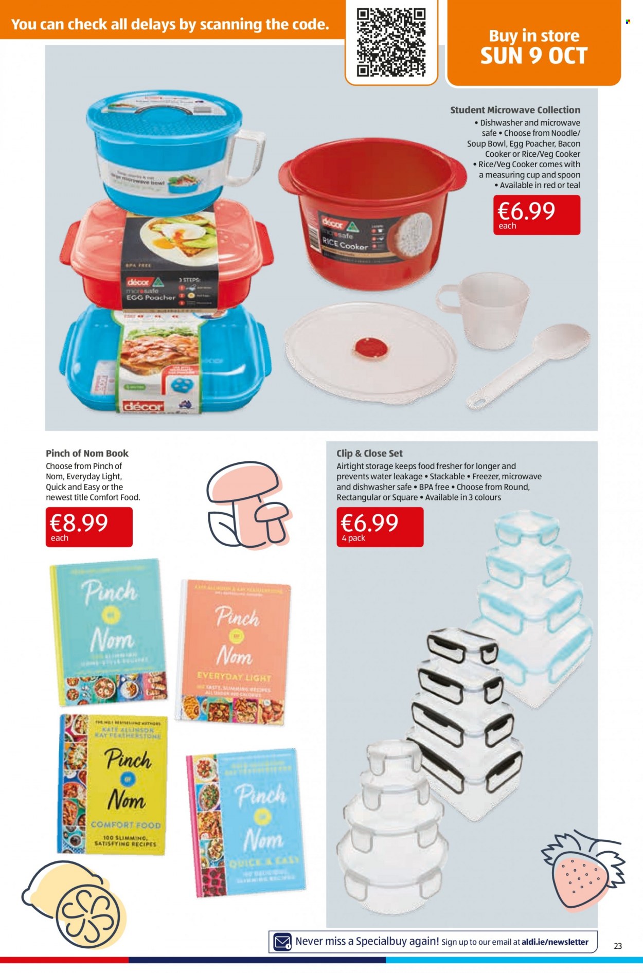 thumbnail - Aldi offer  - 06.10.2022 - 12.10.2022 - Sales products - noodles, bacon, eggs, rice, spoon, serving bowl, measuring cup, book. Page 23.