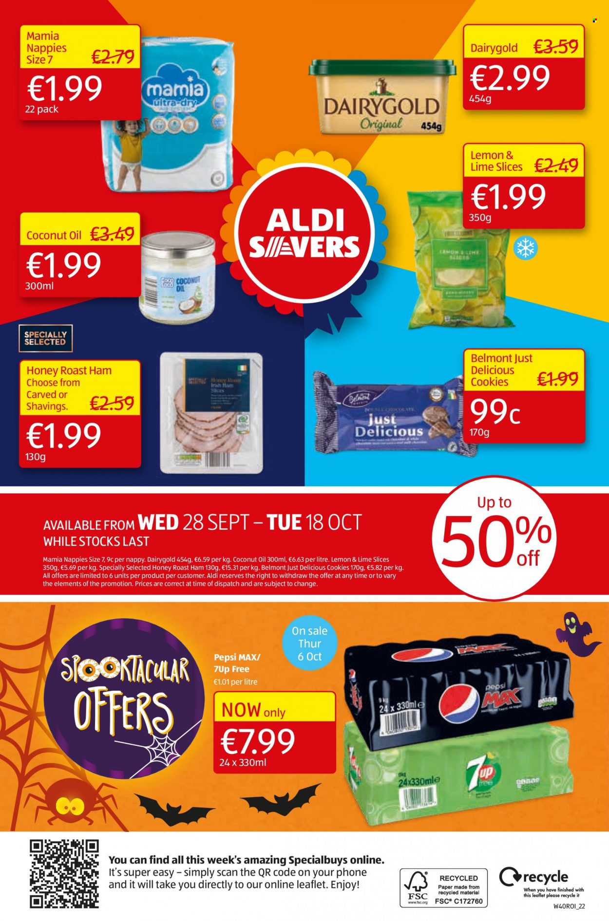 thumbnail - Aldi offer  - 06.10.2022 - 12.10.2022 - Sales products - ham, cookies, coconut oil, oil, honey, Pepsi, Pepsi Max, 7UP, nappies. Page 24.