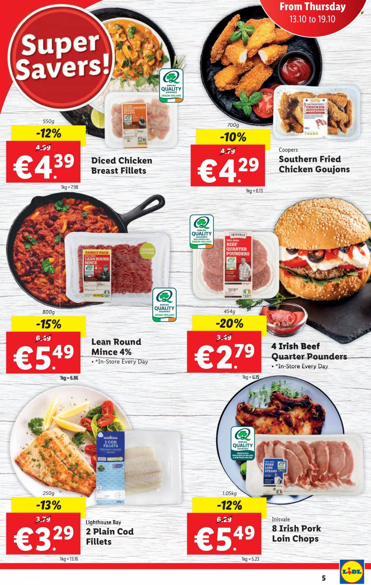 thumbnail - Lidl offer  - 13.10.2022 - 19.10.2022 - Sales products - cod, fried chicken, chicken breasts, steak, pork chops, pork loin, pork meat, Cooper. Page 5.