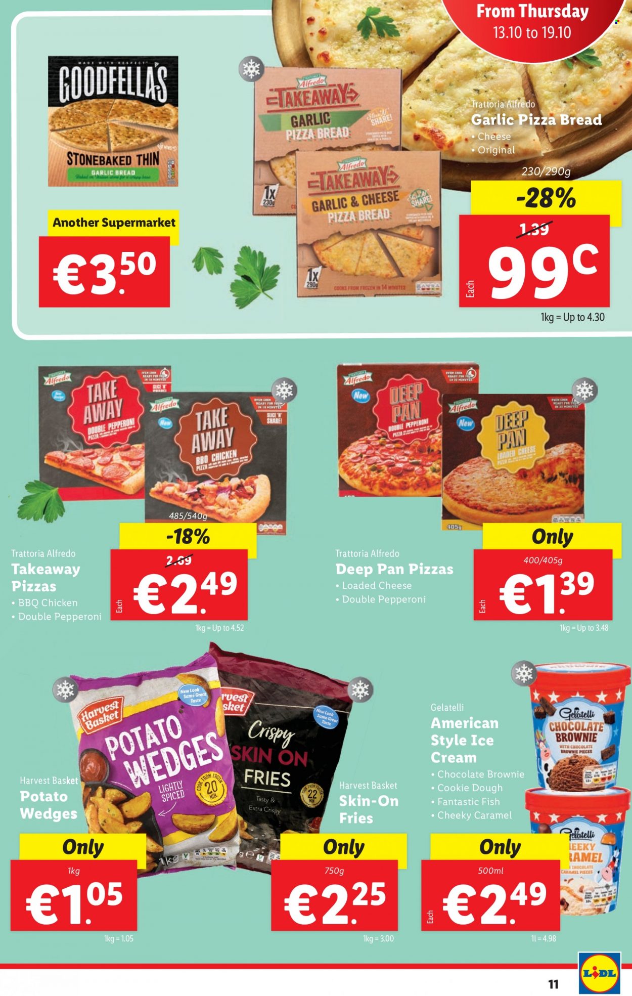 thumbnail - Lidl offer  - 13.10.2022 - 19.10.2022 - Sales products - bread, brownies, fish, pepperoni, ice cream, potato fries, potato wedges, cookie dough, caramel, basket, pan, oven. Page 11.