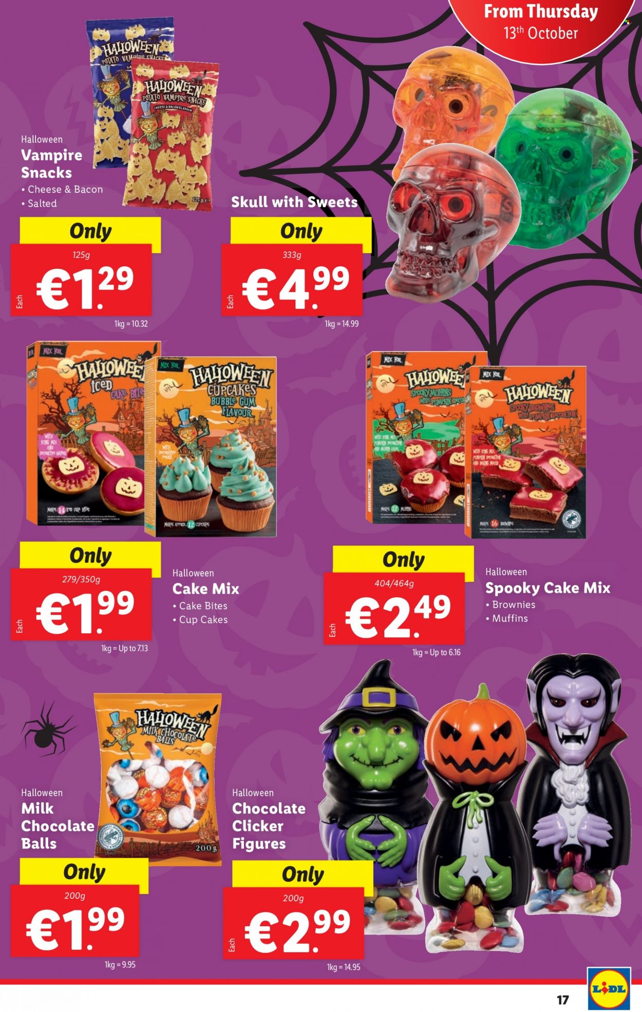 thumbnail - Lidl offer  - 13.10.2022 - 19.10.2022 - Sales products - Halloween, cupcake, brownies, muffin, cake mix, bacon, milk, chocolate, snack, Mars, bubblegum. Page 17.