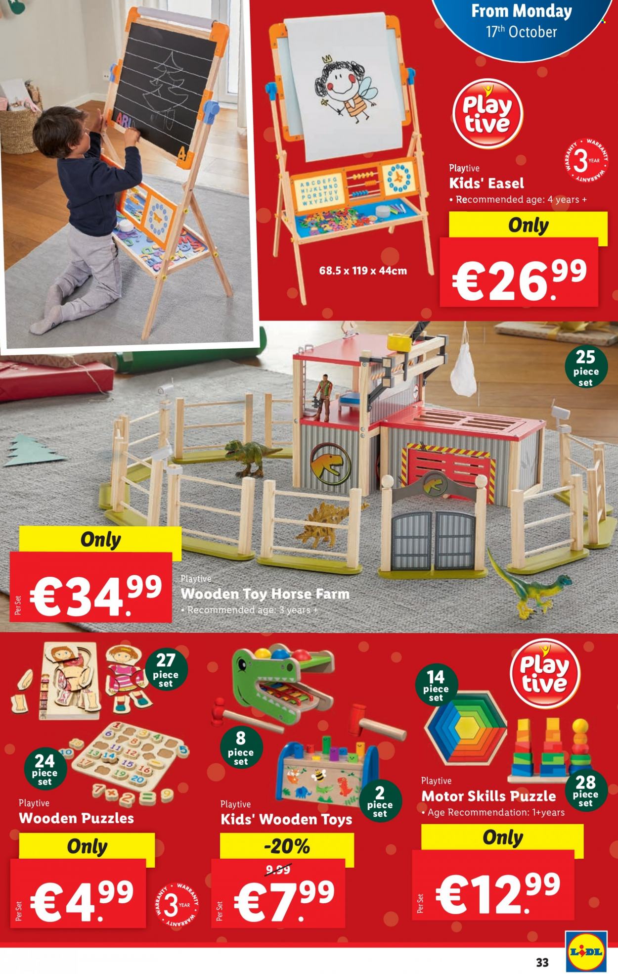 thumbnail - Lidl offer  - 13.10.2022 - 19.10.2022 - Sales products - Arla, easel, toys, puzzle, wooden toy. Page 33.