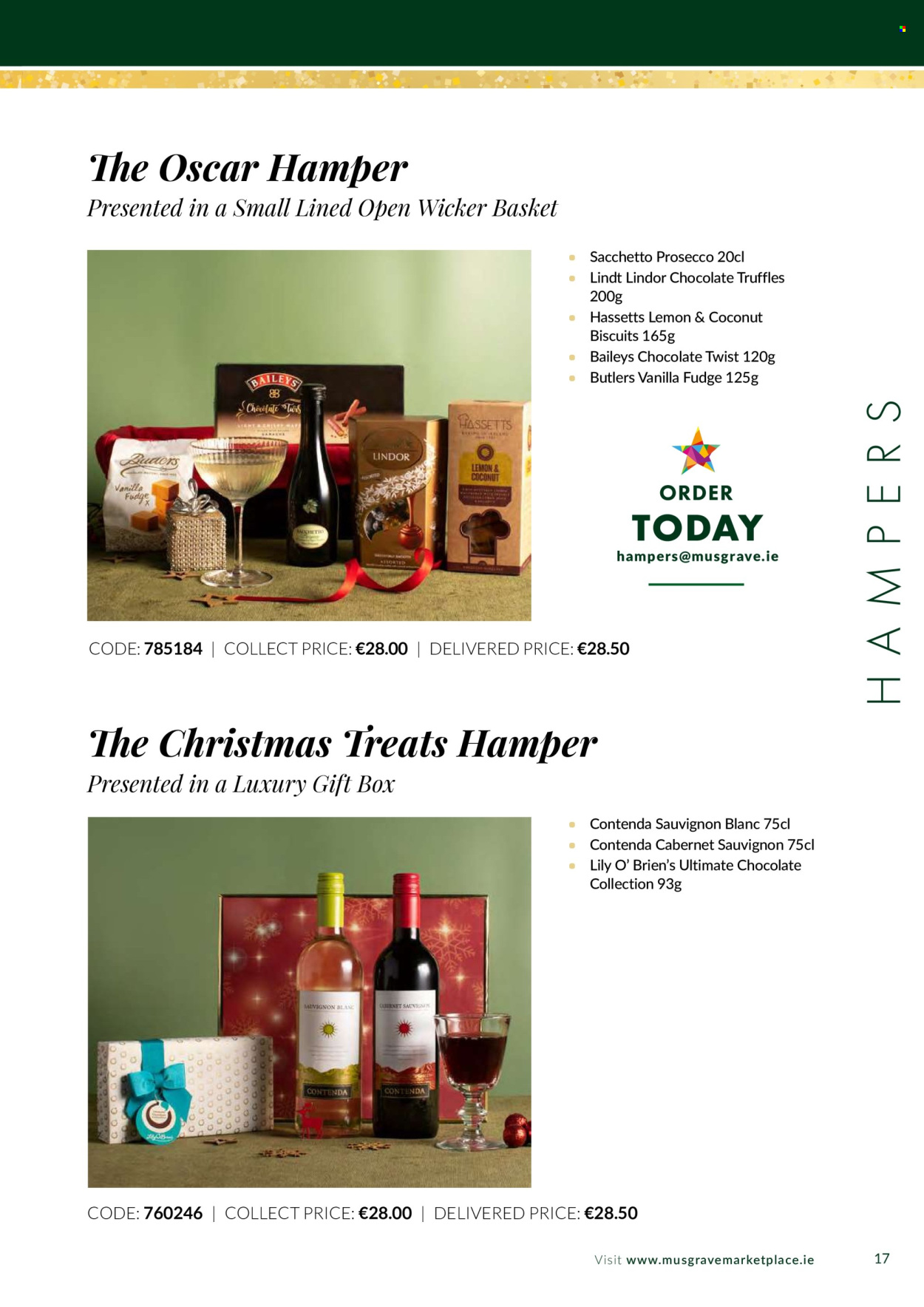 thumbnail - MUSGRAVE Market Place offer  - 19.08.2022 - 31.12.2022 - Sales products - hamper, fudge, chocolate, Lindt, Lindor, truffles, biscuit, Cabernet Sauvignon, red wine, white wine, prosecco, wine, Sauvignon Blanc, Baileys, basket, gift box. Page 17.
