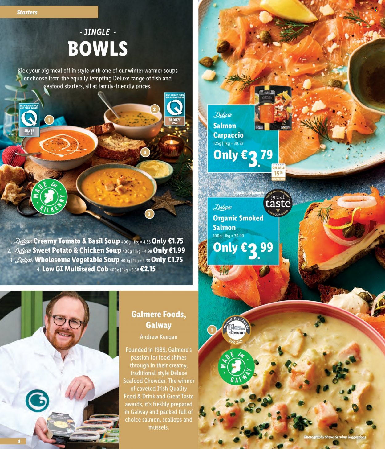 thumbnail - Lidl offer  - Sales products - mussels, salmon, scallops, smoked salmon, seafood, vegetable soup, chicken soup, soup. Page 4.
