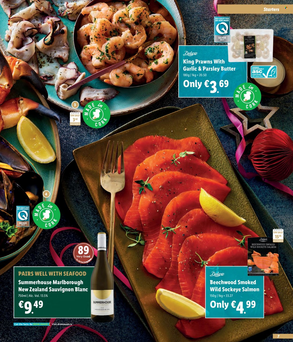 thumbnail - Lidl offer  - Sales products - parsley, salmon, seafood, prawns, butter, white wine, wine, Sauvignon Blanc. Page 7.