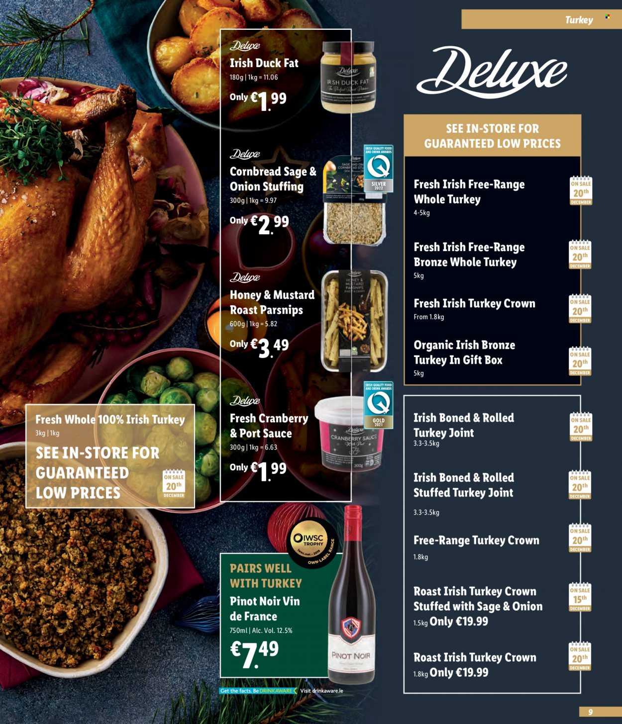 thumbnail - Lidl offer  - Sales products - corn bread, parsnips, sauce, mustard, honey, Pinot Noir, whole turkey, turkey joint, turkey crown, gift box. Page 9.