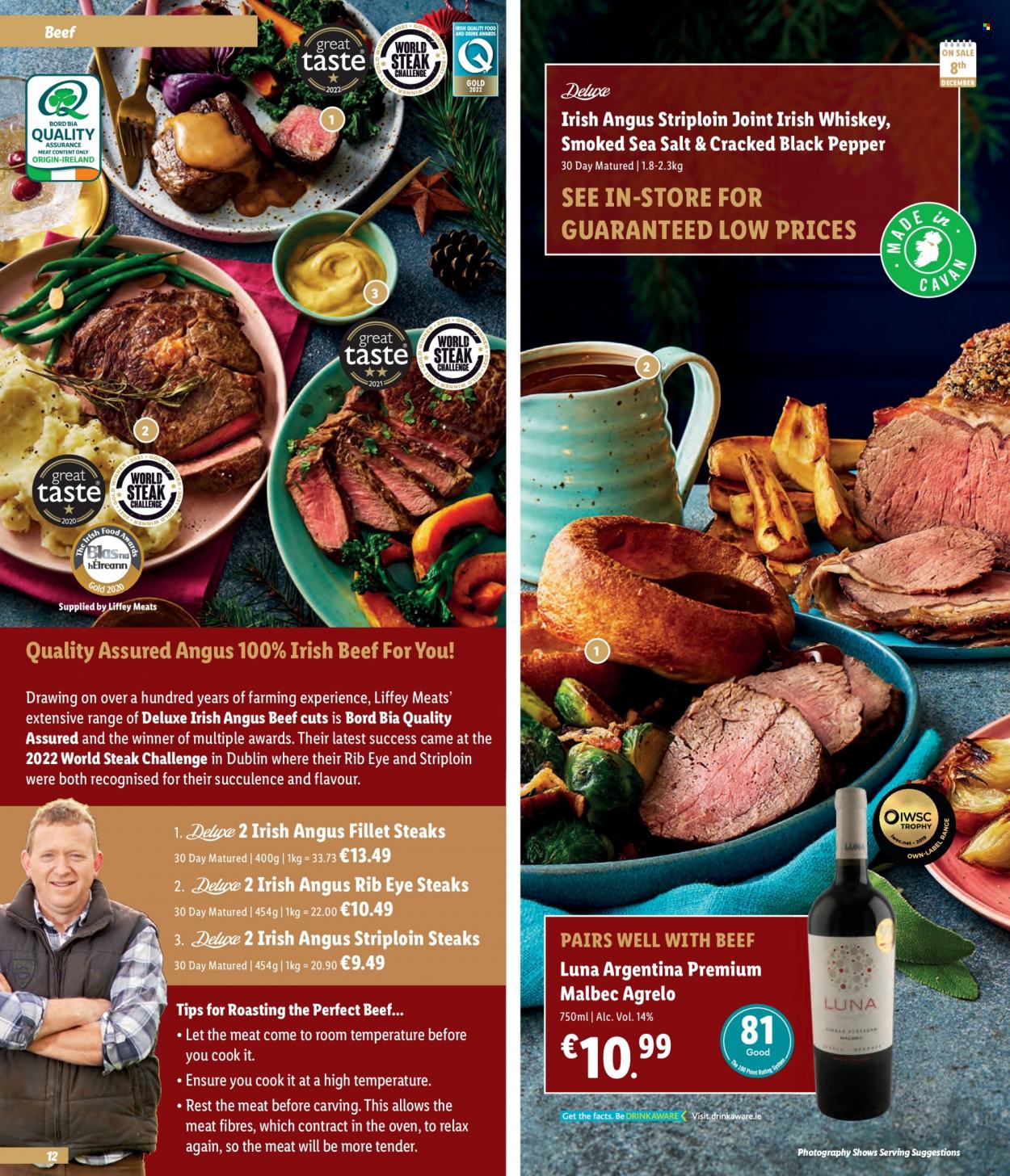 thumbnail - Lidl offer  - Sales products - sea salt, black pepper, red wine, wine, whiskey, irish whiskey, whisky, beef meat, steak, striploin steak. Page 12.