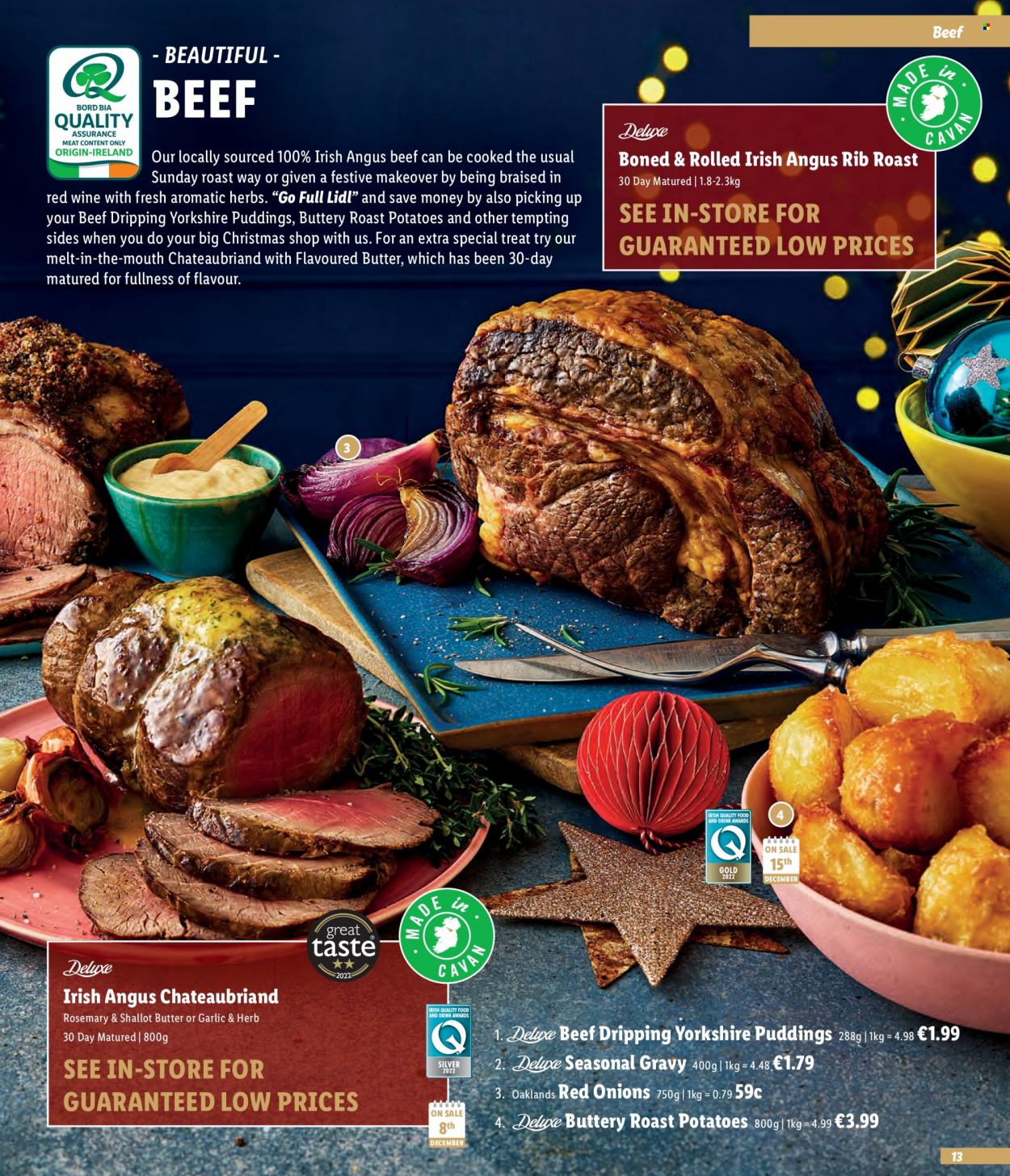 thumbnail - Lidl offer  - Sales products - red onions, onion, pudding, butter, rosemary, red wine, wine, beef meat. Page 13.