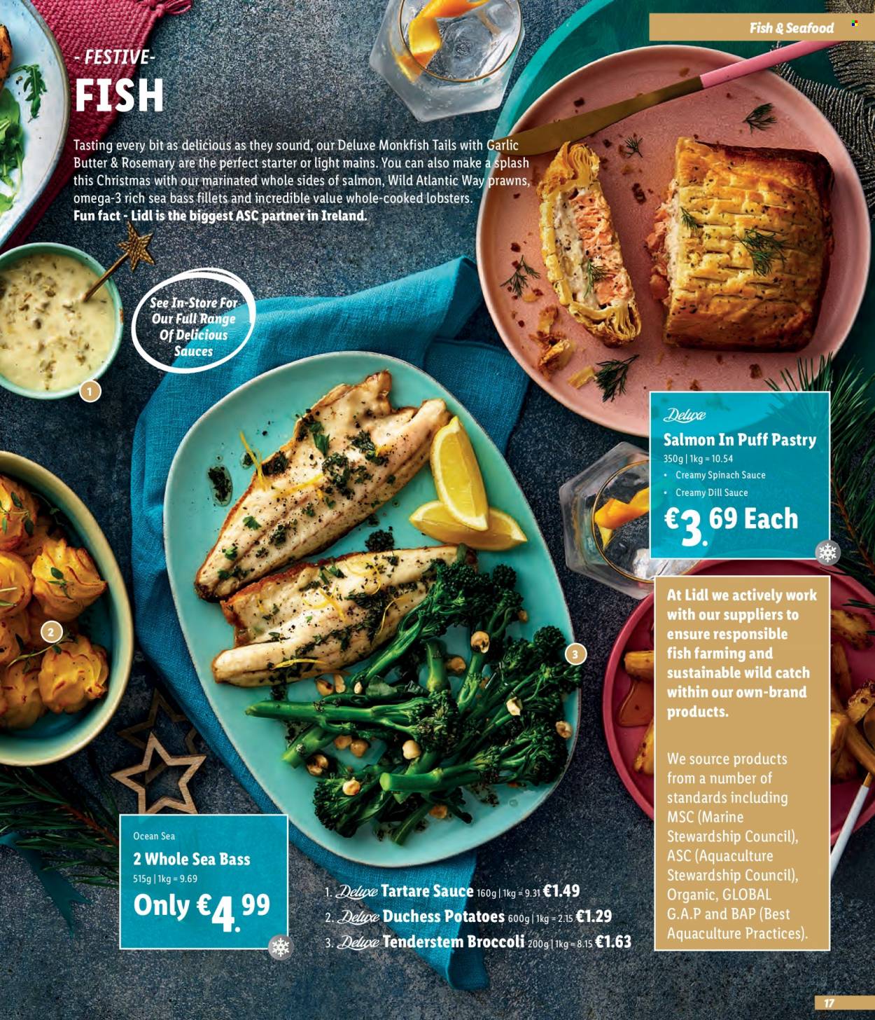 thumbnail - Lidl offer  - Sales products - broccoli, spinach, potatoes, lobster, monkfish, salmon, sea bass, seafood, prawns, fish, butter, dill, starter, Omega-3. Page 17.