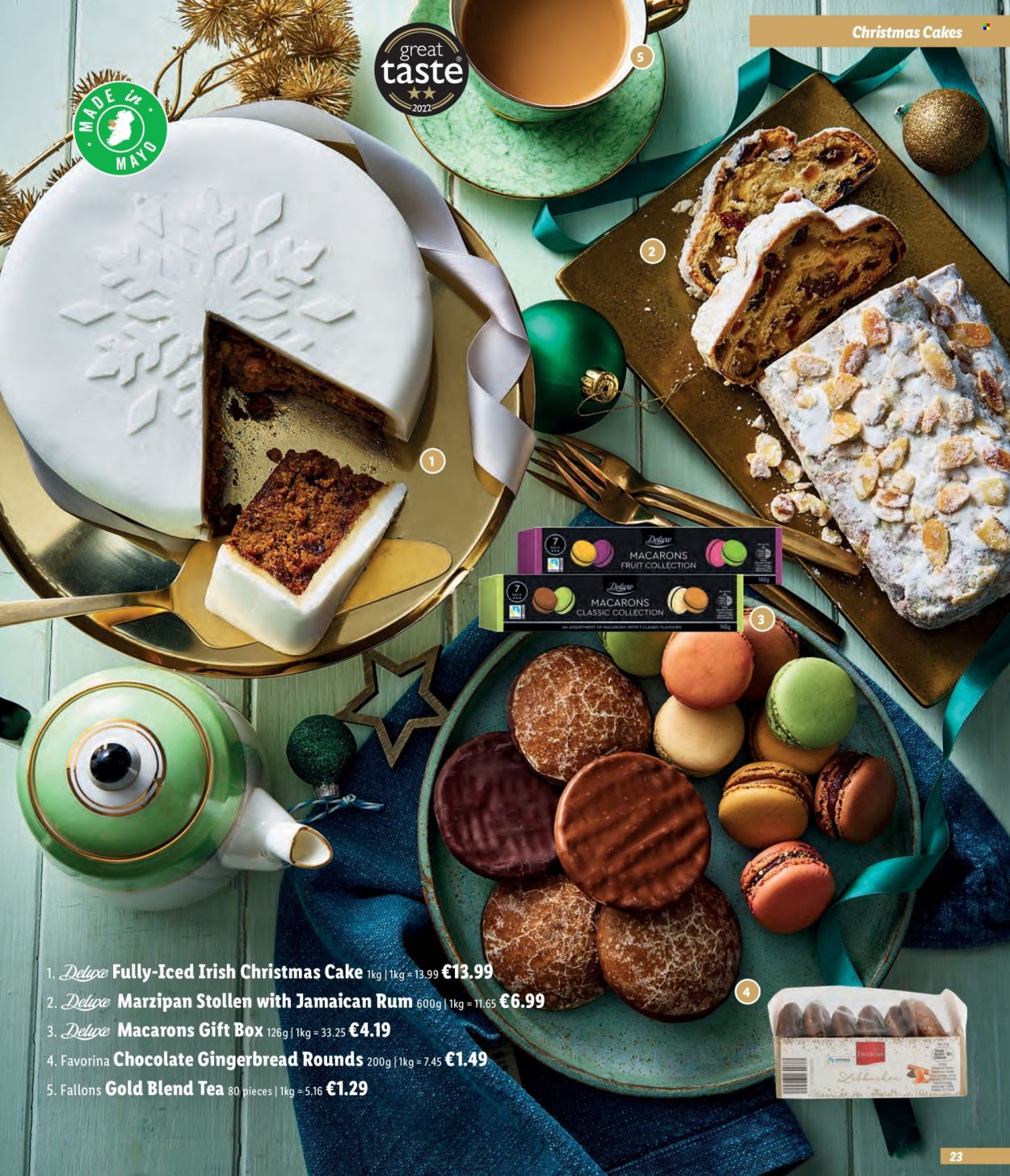 thumbnail - Lidl offer  - Sales products - cake, gingerbread, marzipan stollen, stollen, christmas cake, macaroons, mayonnaise, chocolate, tea, rum, gift box. Page 23.