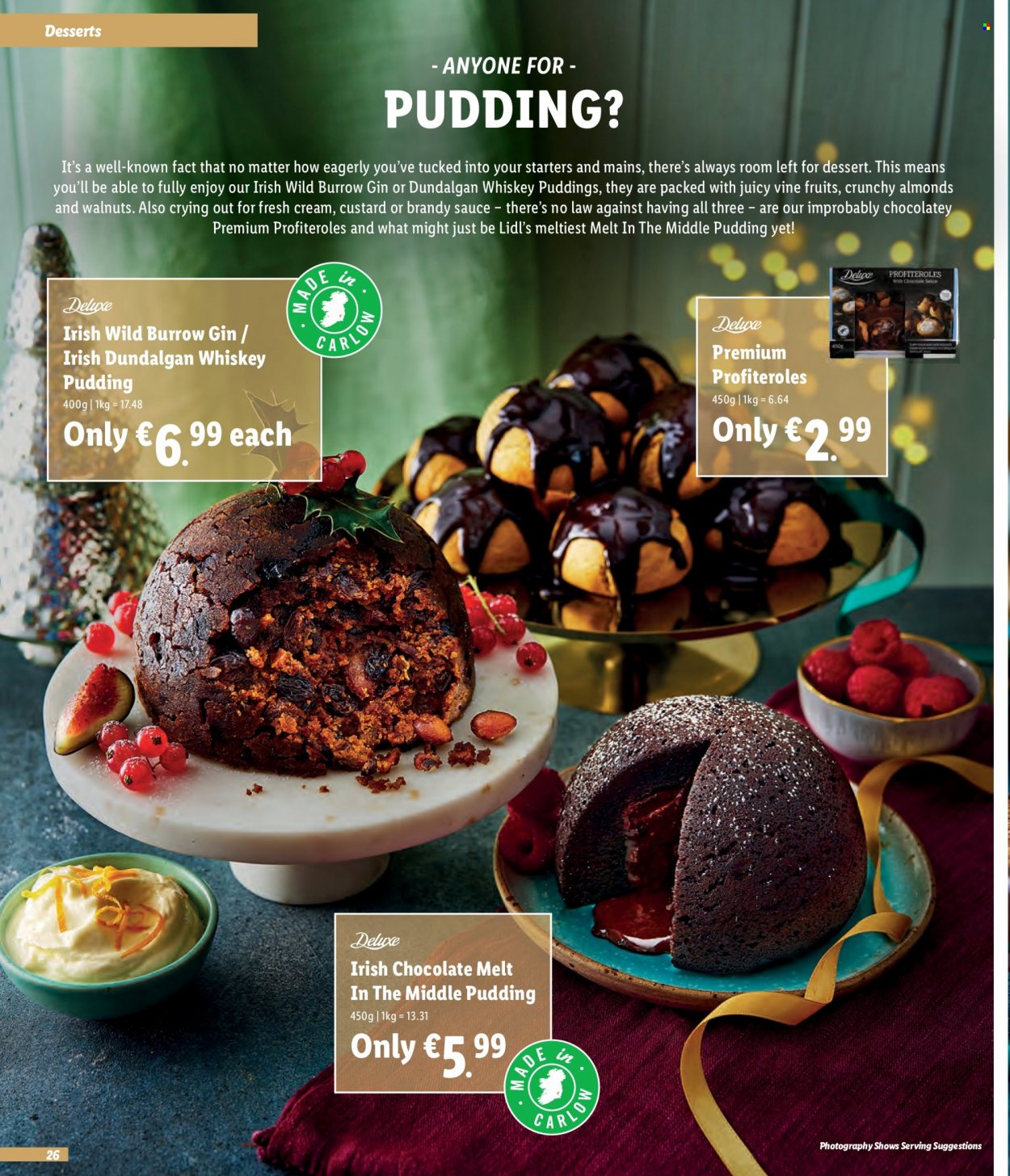 thumbnail - Lidl offer  - Sales products - sauce, custard, pudding, chocolate, almonds, walnuts, brandy, gin, whiskey, whisky. Page 26.
