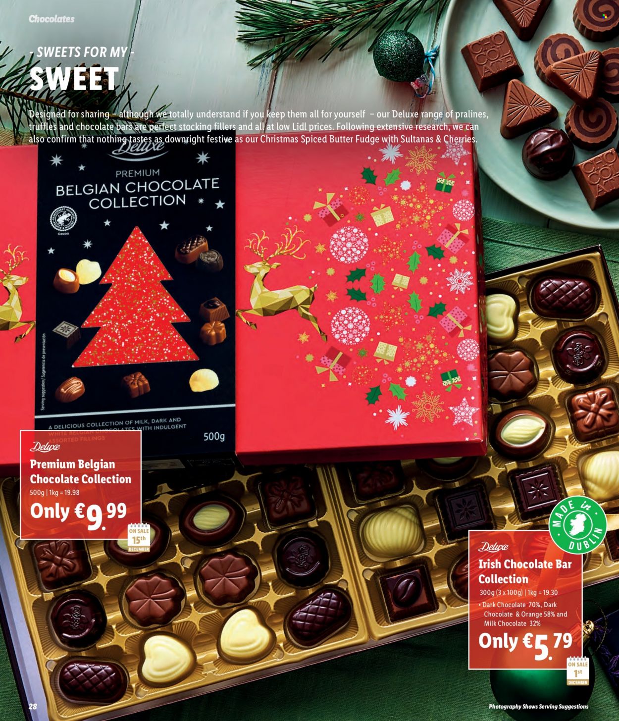 thumbnail - Lidl offer  - Sales products - cherries, butter, fudge, milk chocolate, pralines, truffles, dark chocolate, chocolate bar, sultanas, dried fruit. Page 28.