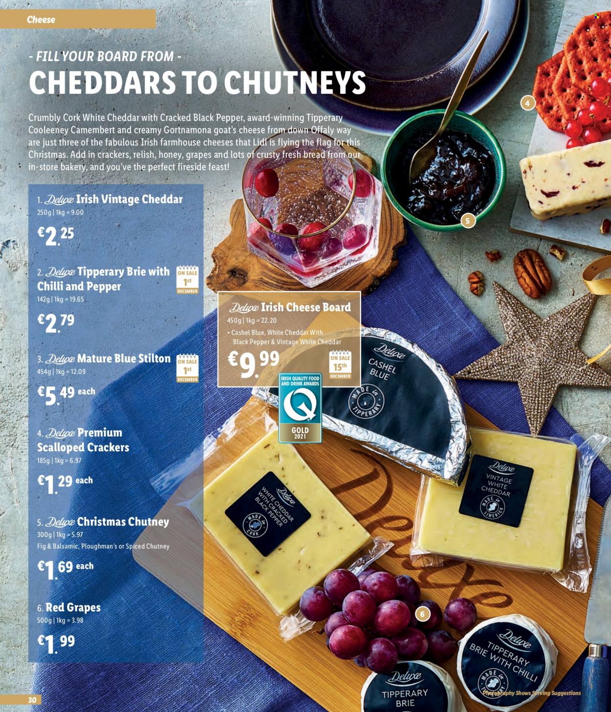 thumbnail - Lidl offer  - Sales products - bread, grapes, camembert, Stilton, cheddar, brie, crackers, chutney, honey, cheese board. Page 30.