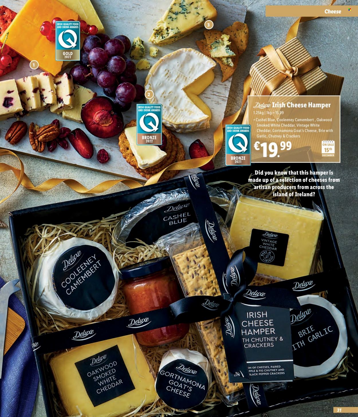 thumbnail - Lidl offer  - Sales products - hamper, camembert, cheddar, cheese, brie, crackers, black pepper, chutney. Page 31.
