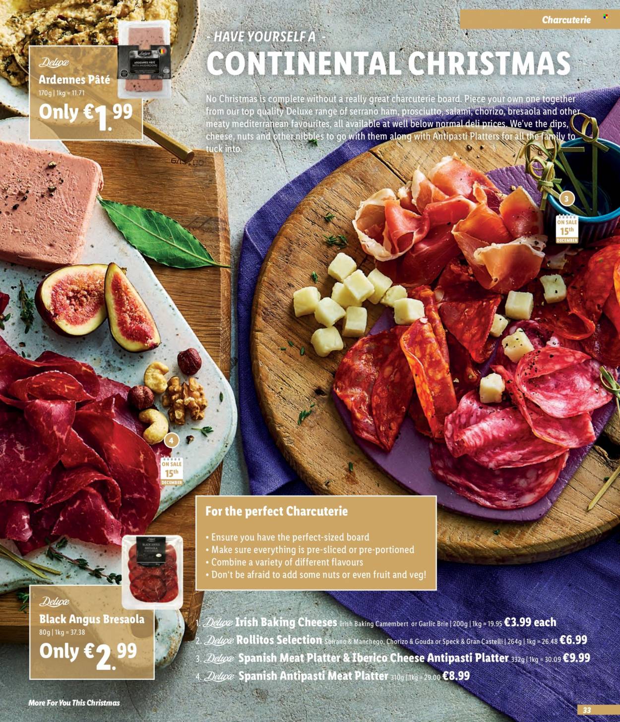 thumbnail - Lidl offer  - Sales products - garlic, Continental, salami, ham, prosciutto, chorizo, camembert, gouda, Manchego, cheese, brie. Page 33.