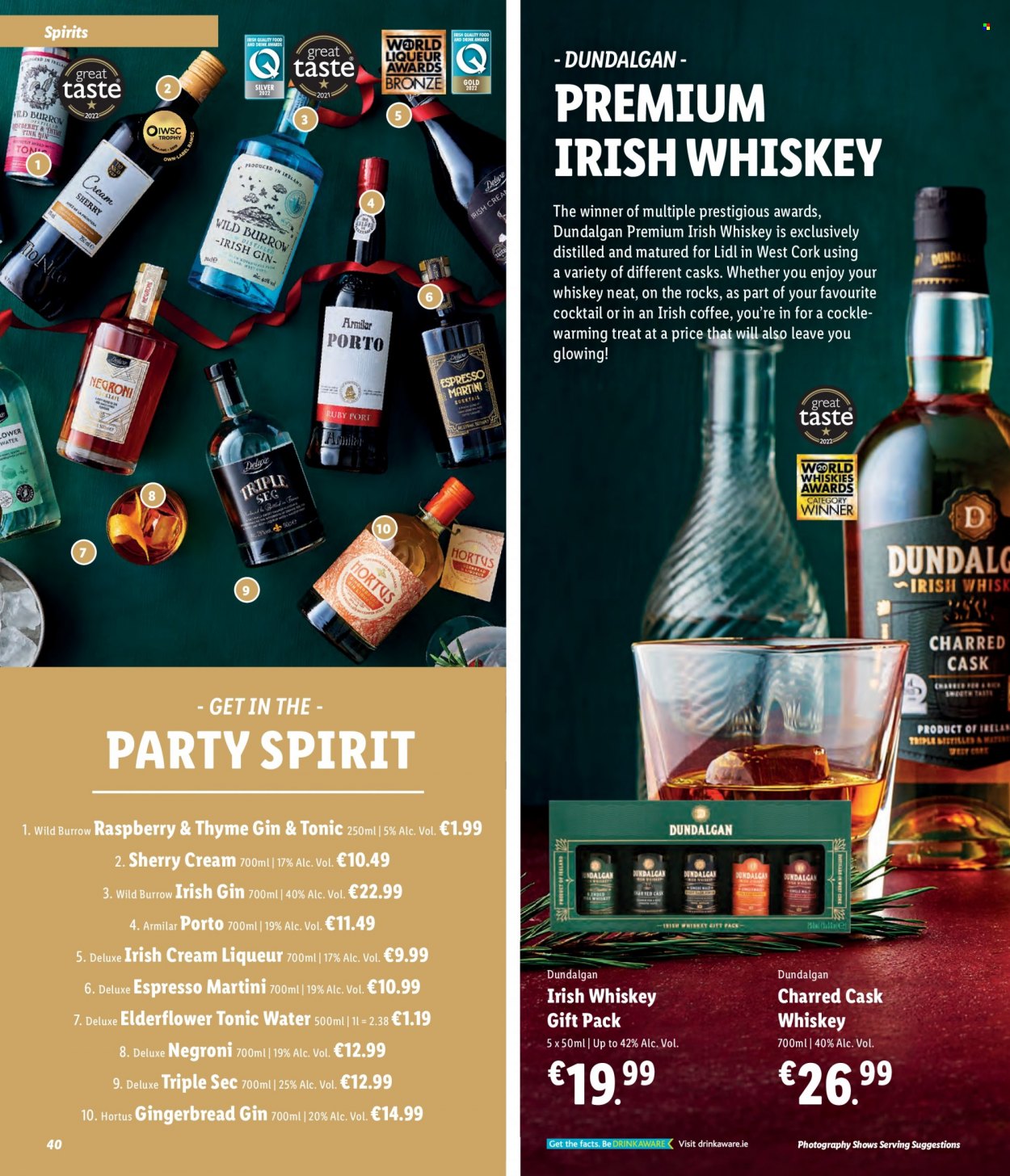 thumbnail - Lidl offer  - Sales products - gingerbread, coffee, liqueur, sherry, Triple Sec, whiskey, irish cream, irish whiskey, port wine, Martini, gin & tonic, whisky. Page 40.