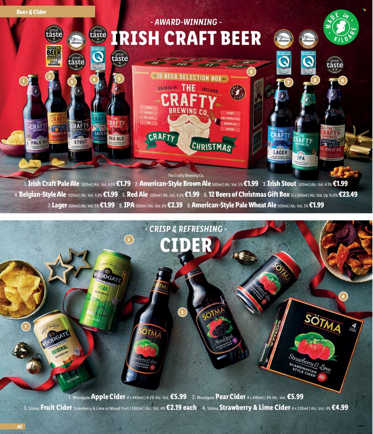 thumbnail - Lidl offer  - Sales products - pineapple, pears, carp, coffee, cider, Lager, IPA, gift box. Page 42.