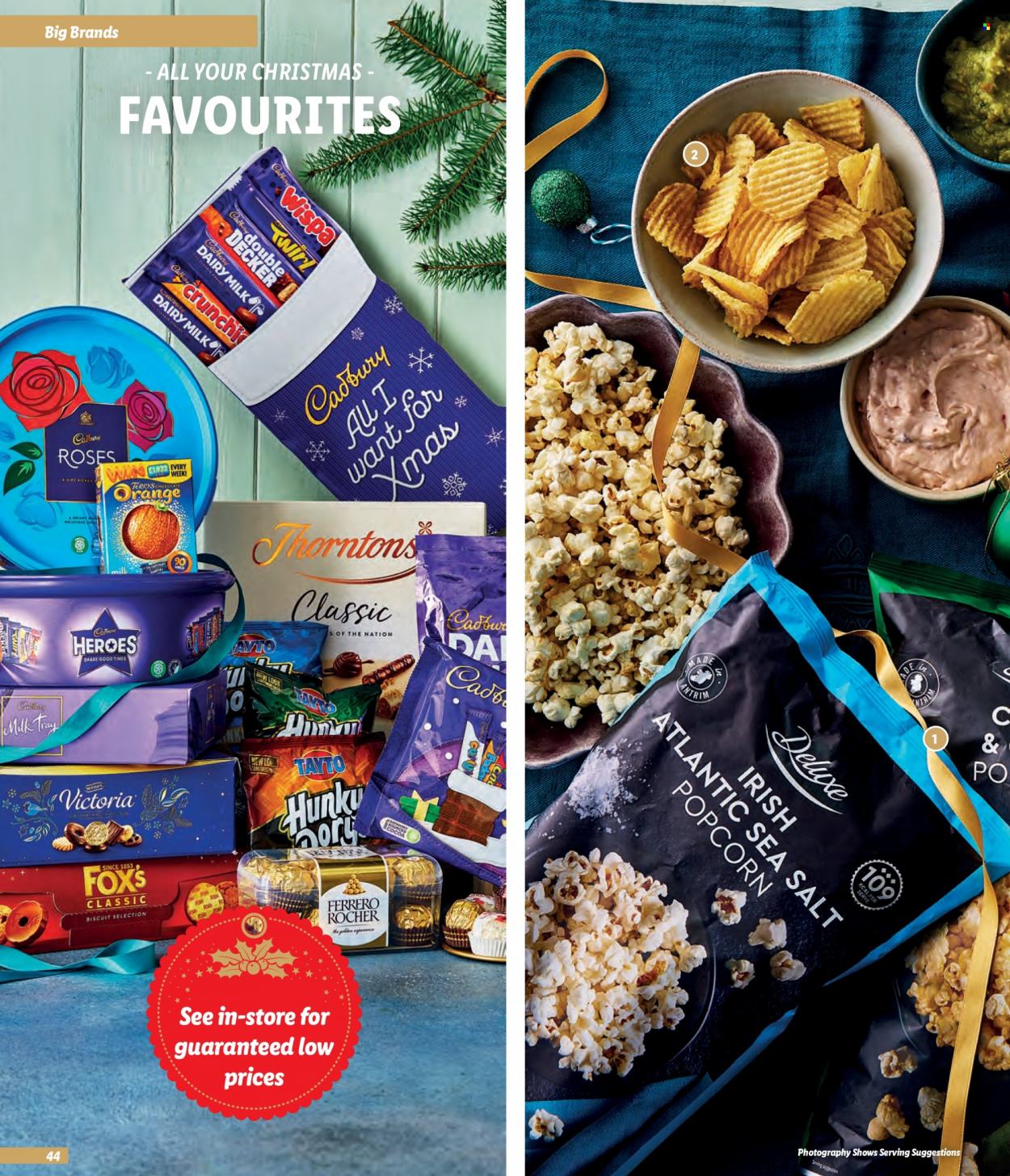 thumbnail - Lidl offer  - Sales products - chocolate, Ferrero Rocher, biscuit, Milk Tray, Cadbury, Cadbury Roses, Dairy Milk, Victoria Sponge, Tayto, popcorn. Page 44.