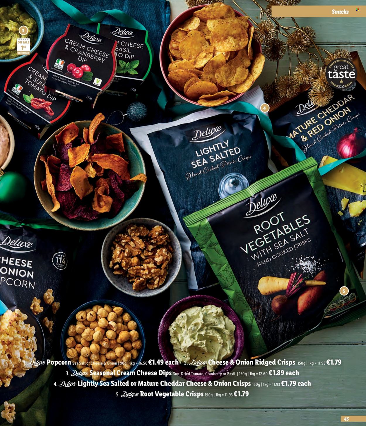 thumbnail - Lidl offer  - Sales products - tomatoes, cheddar, dip, snack, potato crisps, popcorn, pesto. Page 45.