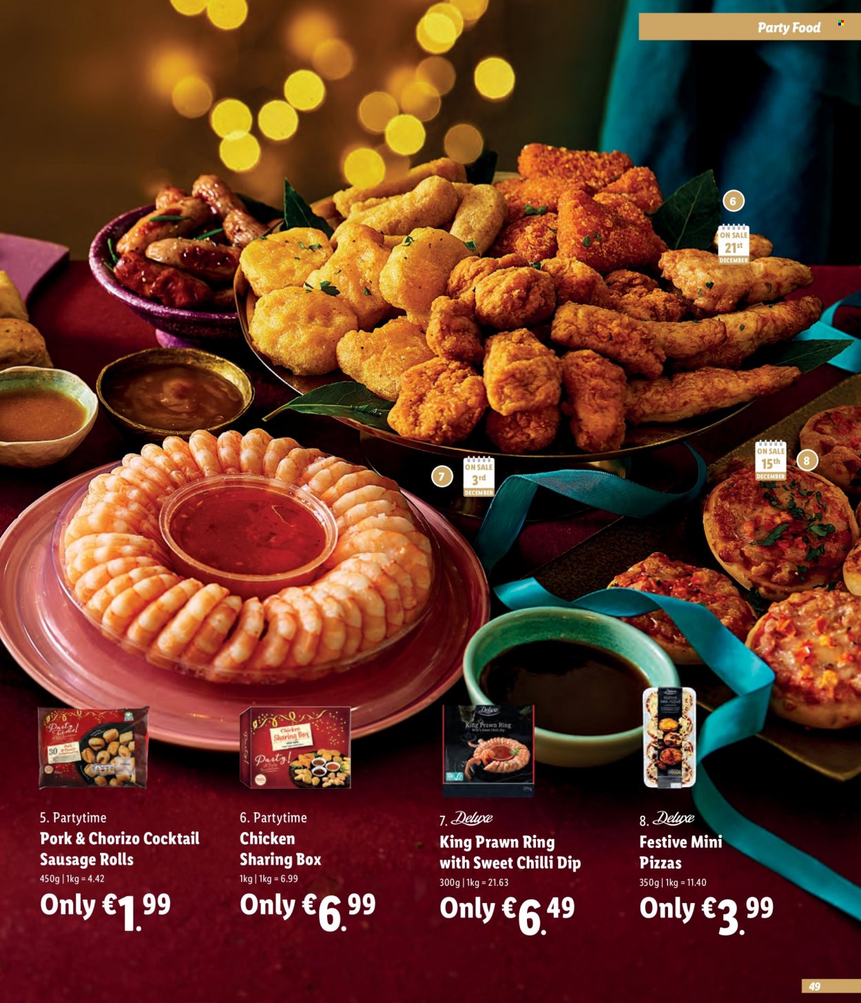 thumbnail - Lidl offer  - Sales products - sausage rolls, prawns, pizza, sausage, dip. Page 49.