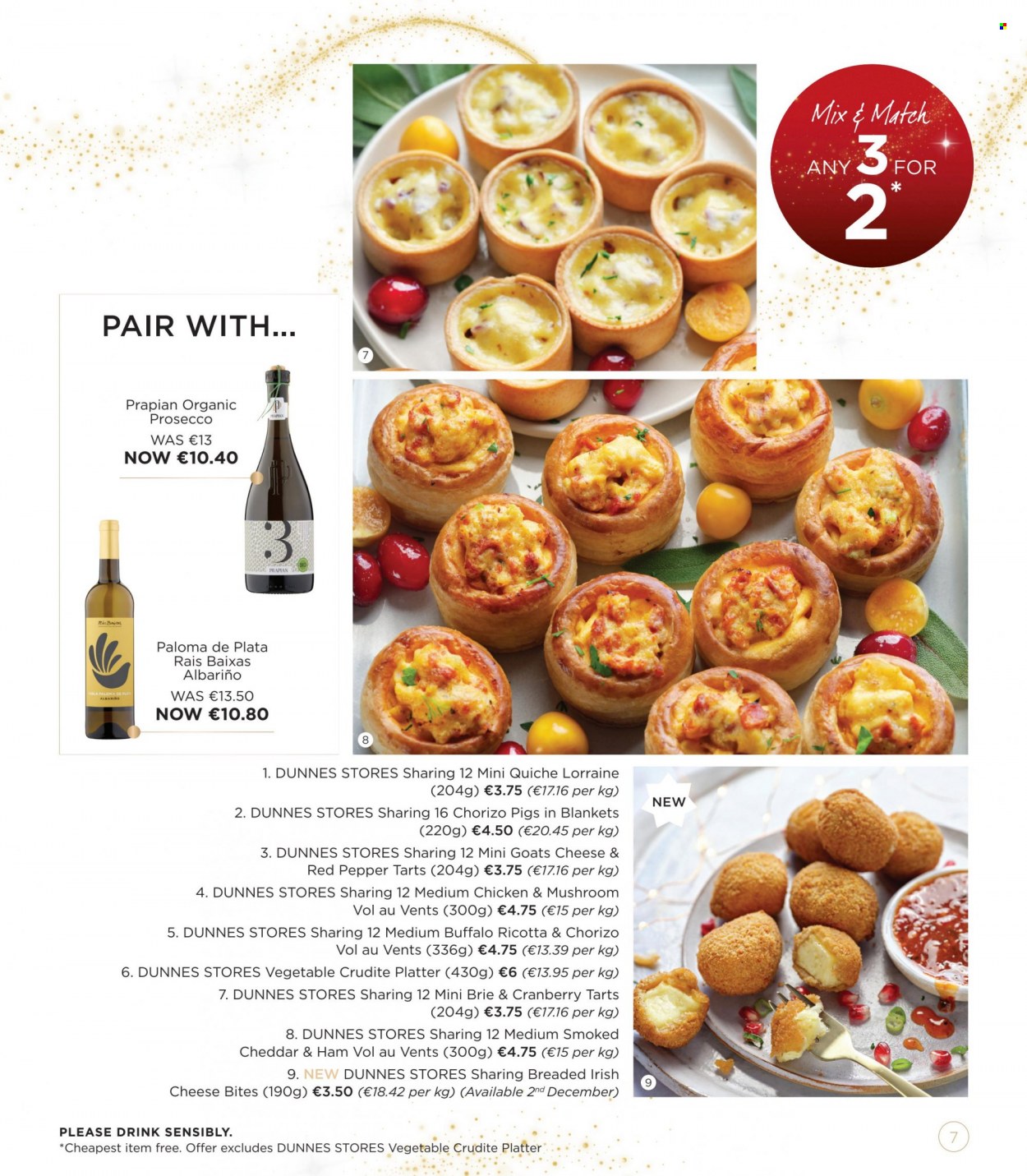 thumbnail - Dunnes Stores offer  - 09.11.2022 - 24.12.2022 - Sales products - ham, ricotta, cheddar, brie, quiche, prosecco, organic prosecco. Page 7.