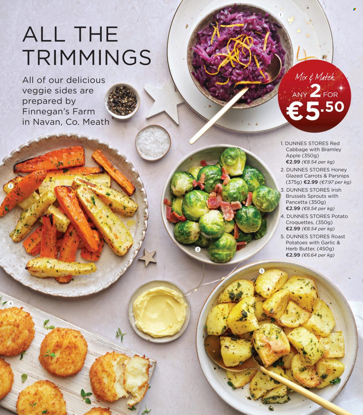 thumbnail - Dunnes Stores offer  - 09.11.2022 - 24.12.2022 - Sales products - cabbage, carrots, potatoes, parsnips, brussel sprouts, pancetta, butter, potato croquettes. Page 26.