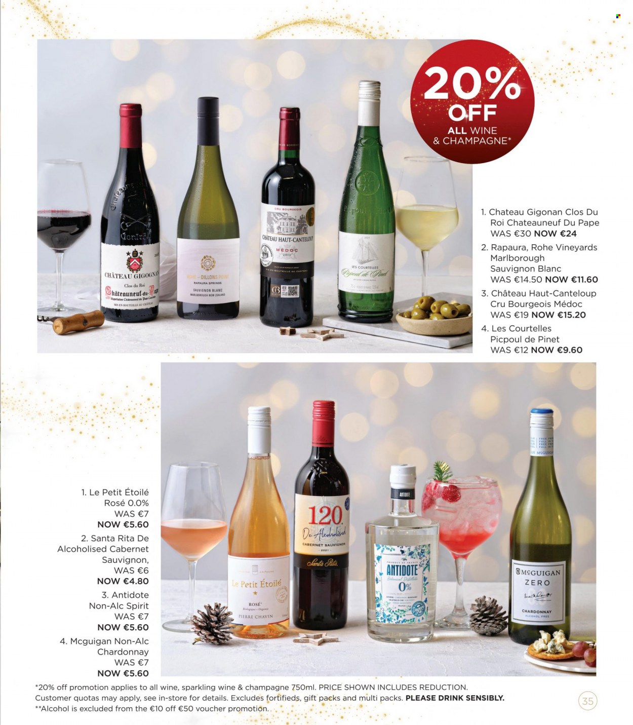 thumbnail - Dunnes Stores offer  - 09.11.2022 - 24.12.2022 - Sales products - rosemary, Cabernet Sauvignon, red wine, sparkling wine, white wine, champagne, Chardonnay, wine, Sauvignon Blanc, rosé wine. Page 35.
