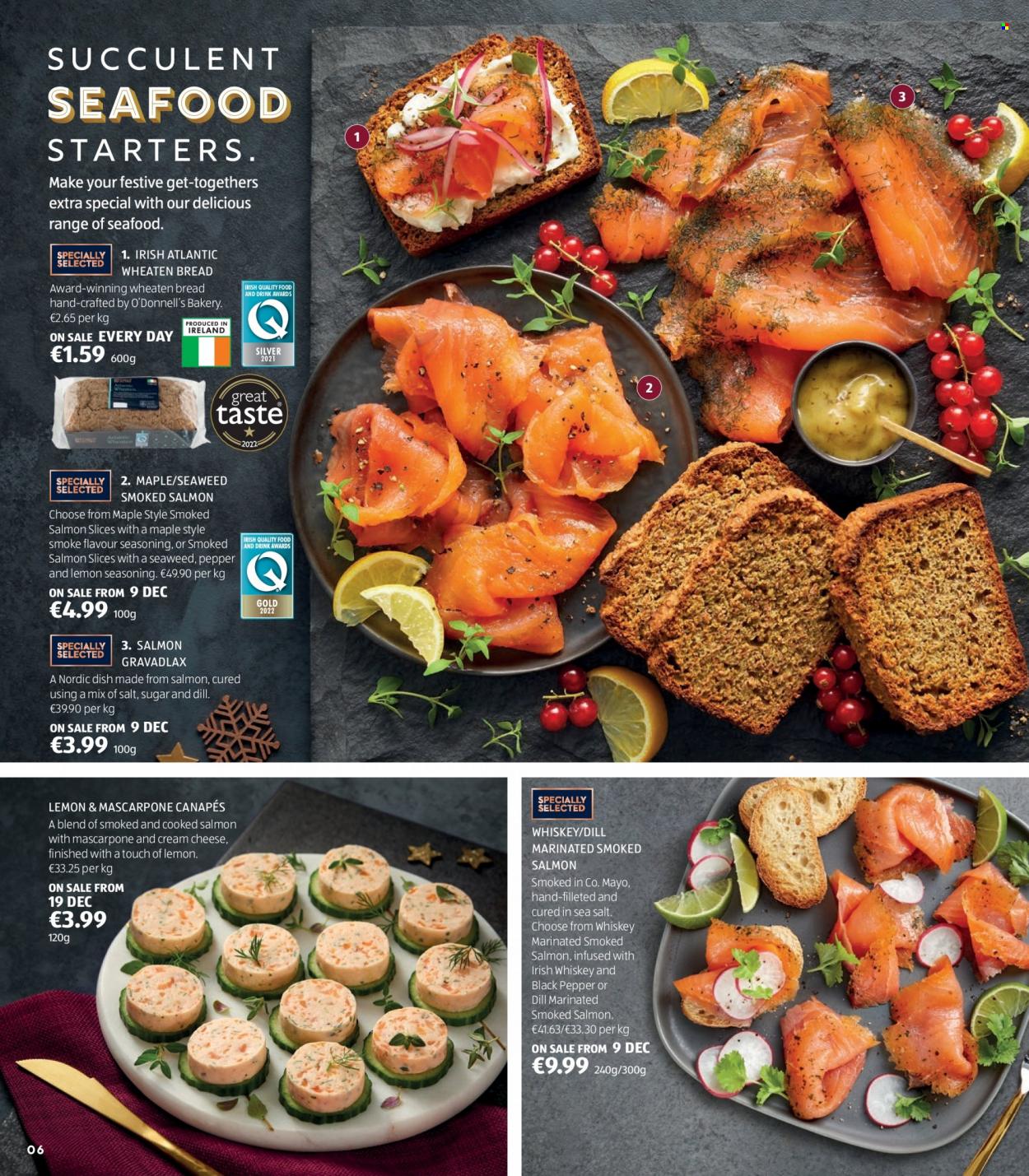 thumbnail - Aldi offer  - Sales products - bread, salmon, smoked salmon, seafood, mascarpone, cheese, seaweed, sea salt, dill, black pepper, spice, whiskey, irish whiskey, whisky, succulent. Page 6.
