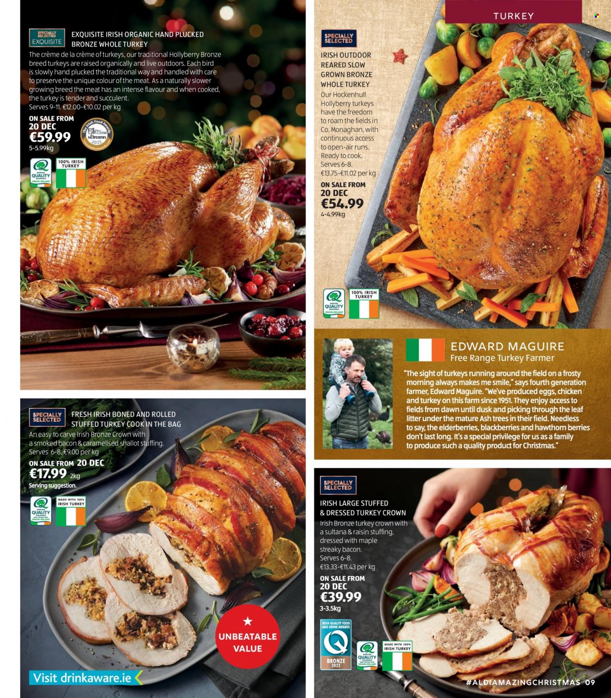 thumbnail - Aldi offer  - Sales products - blackberries, bacon, streaky bacon, eggs, whole turkey, turkey crown, succulent. Page 9.